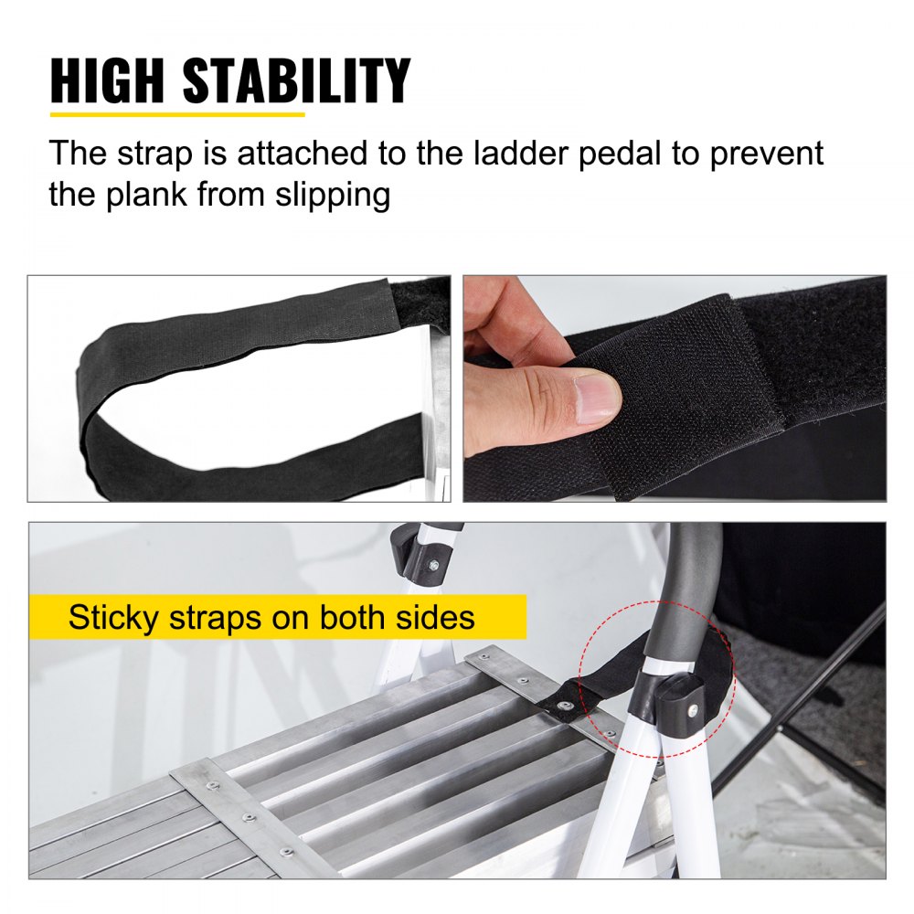 Correa unida al pedal de la escalera para una mayor estabilidad; tabla de trabajo de aluminio VEVOR asegurada.