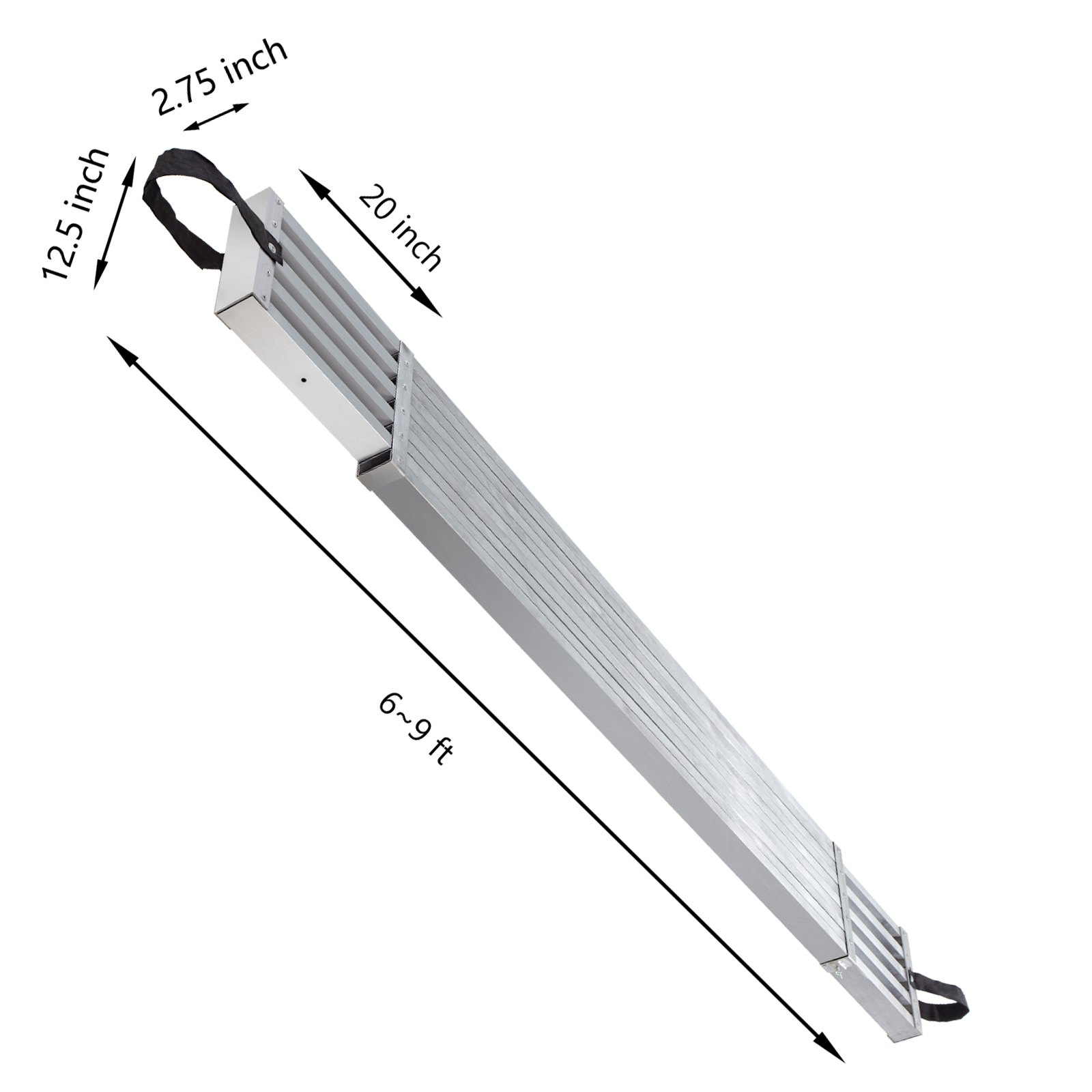 Tablón de trabajo de aluminio VEVOR, extensible de 6 a 9 pies, 20 pulgadas de ancho, manijas de seguridad adjuntas.
