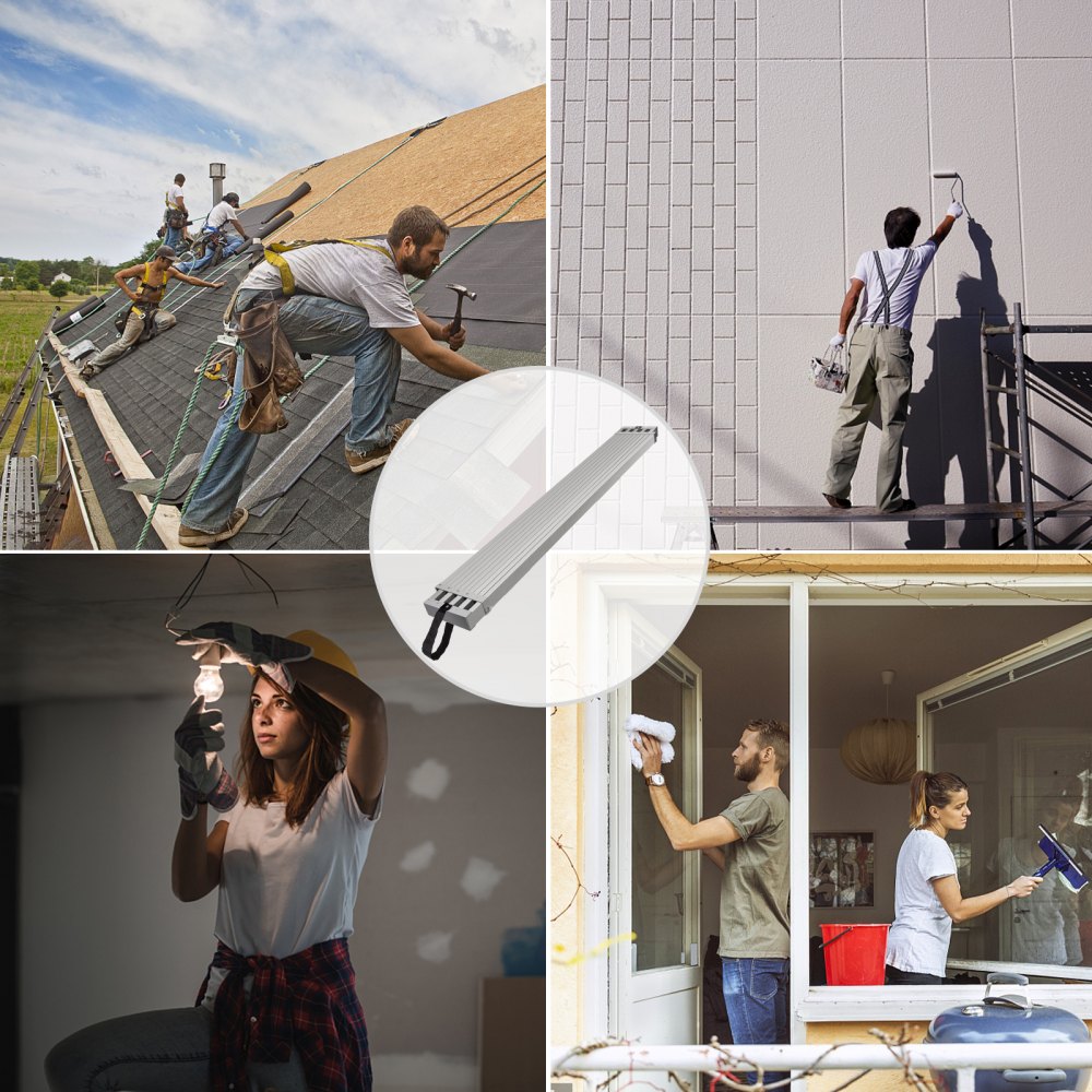 Trabajadores que utilizan tablones de trabajo de aluminio VEVOR para tareas de techado, pintura, electricidad y limpieza.