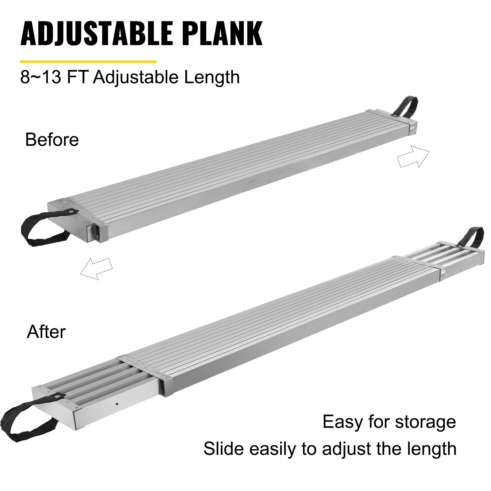 Tablón de trabajo de aluminio VEVOR, longitud ajustable de 8 a 13 pies, fácil almacenamiento.