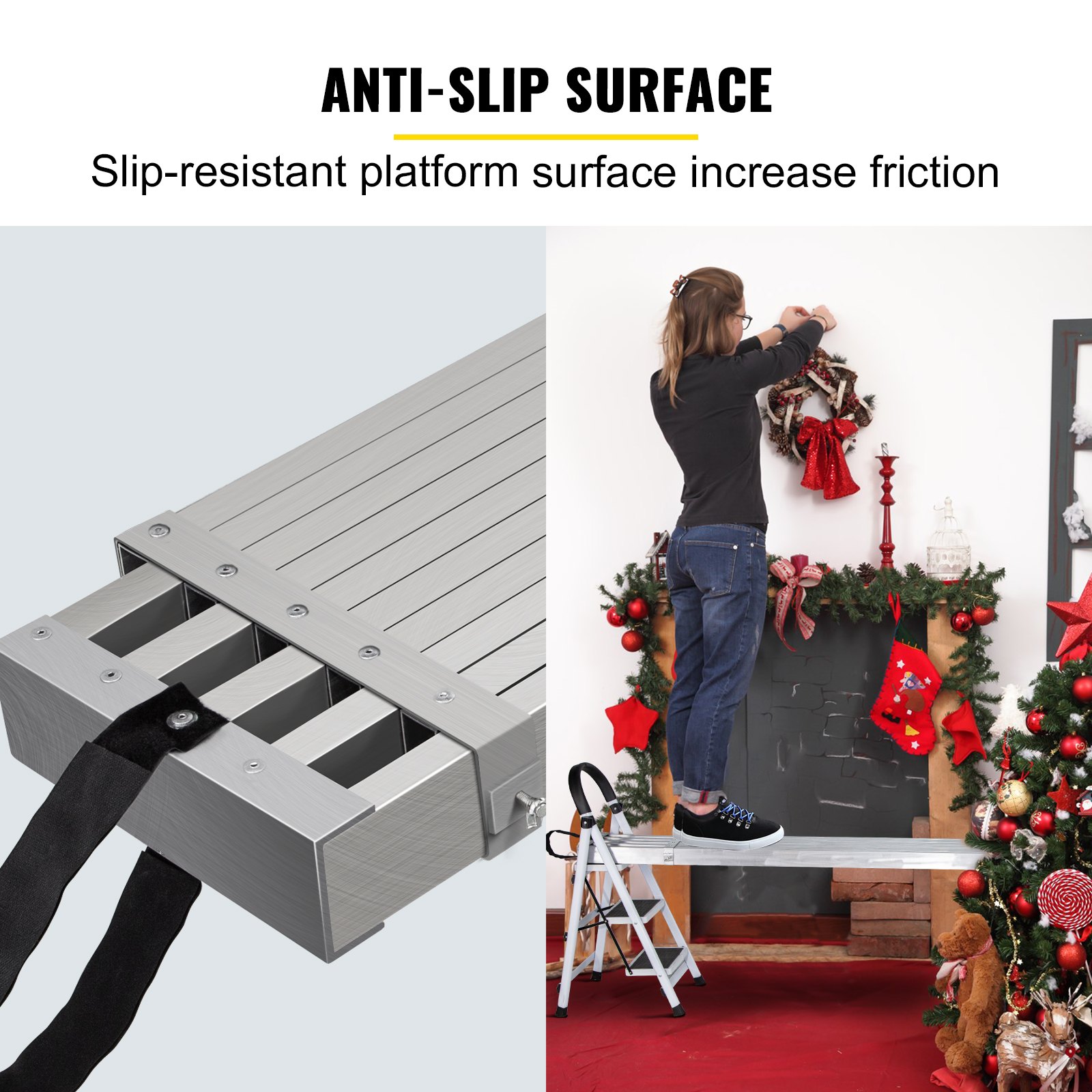 Tablón de trabajo de aluminio VEVOR con superficie antideslizante utilizado para una decoración navideña segura.