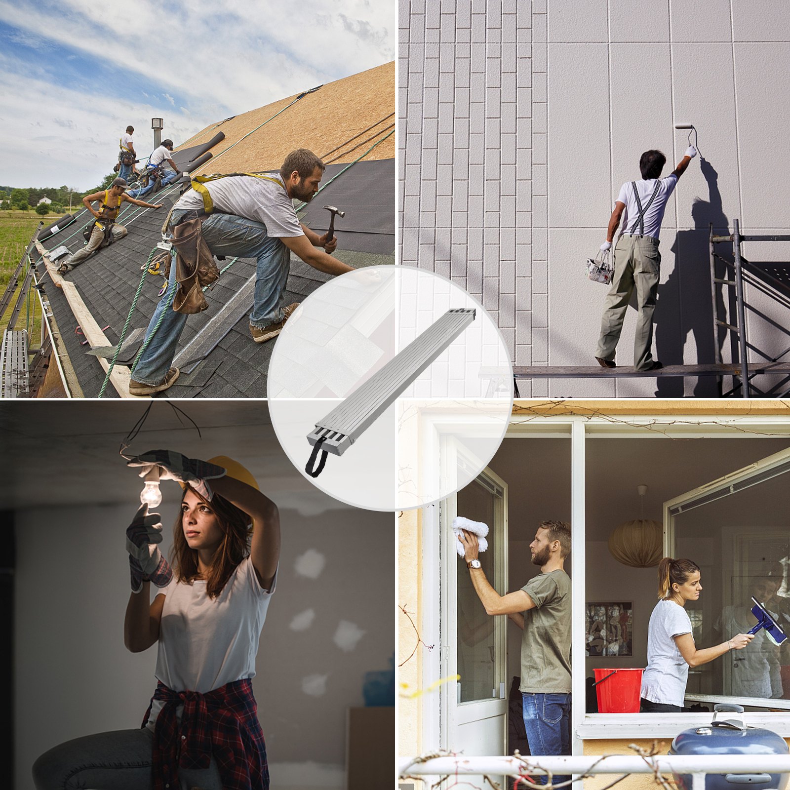 Trabajadores que utilizan tablones de trabajo de aluminio VEVOR para tareas de techado, pintura, electricidad y limpieza.