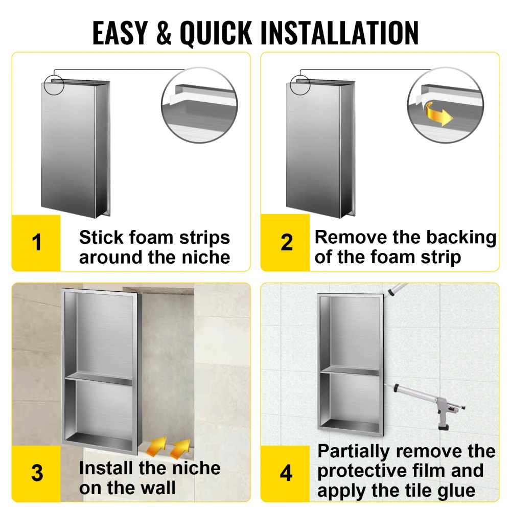 Nicho de ducha VEVOR de acero inoxidable, 12 x 24 x 4 pulgadas, nicho empotrado en la pared, fácil de instalar, estante de ducha empotrado moderno y elegante, nicho de jabón acabado pulido para ducha/baño