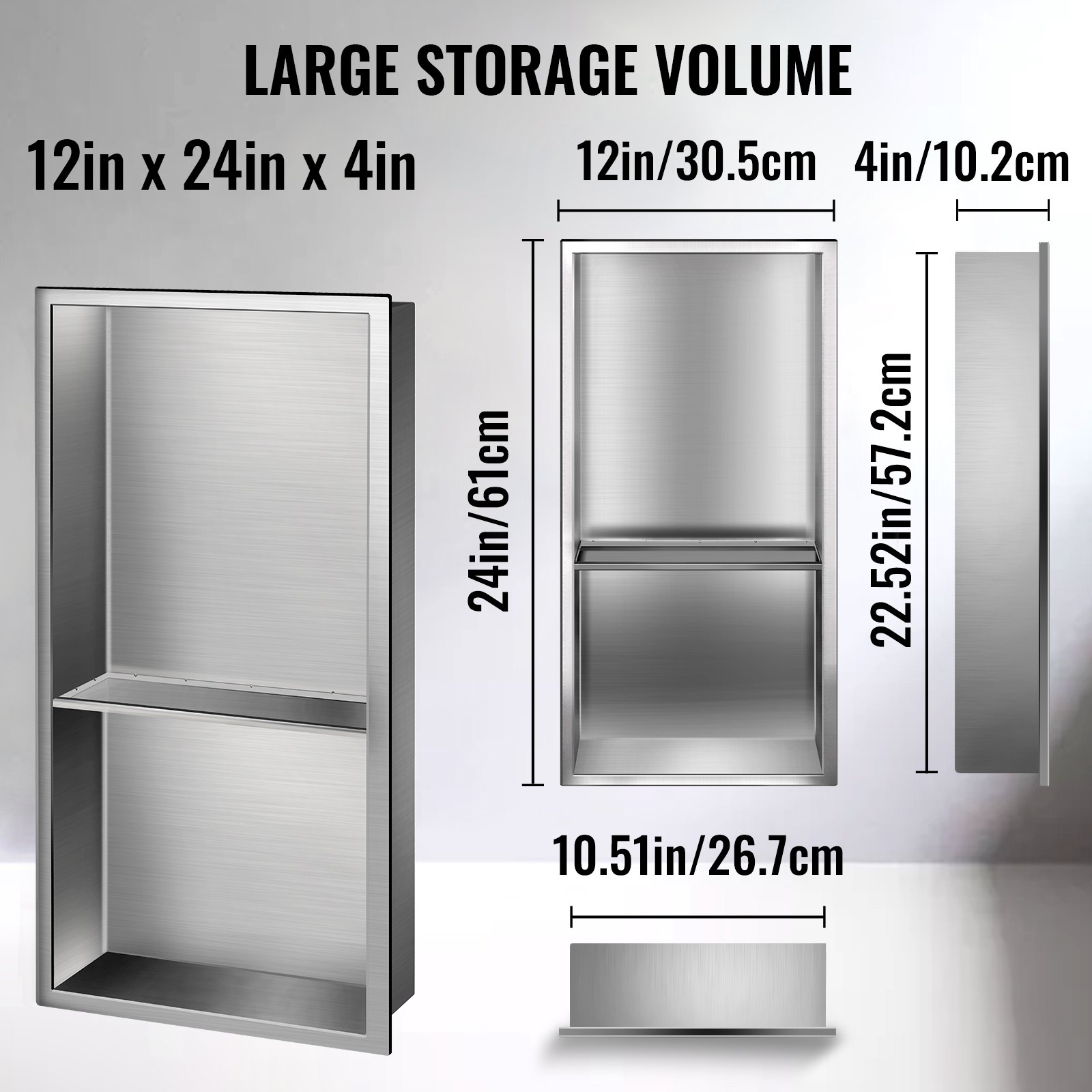 Nicho de ducha VEVOR de acero inoxidable, 12 x 24 x 4 pulgadas, nicho empotrado en la pared, fácil de instalar, estante de ducha empotrado moderno y elegante, nicho de jabón acabado pulido para ducha/baño