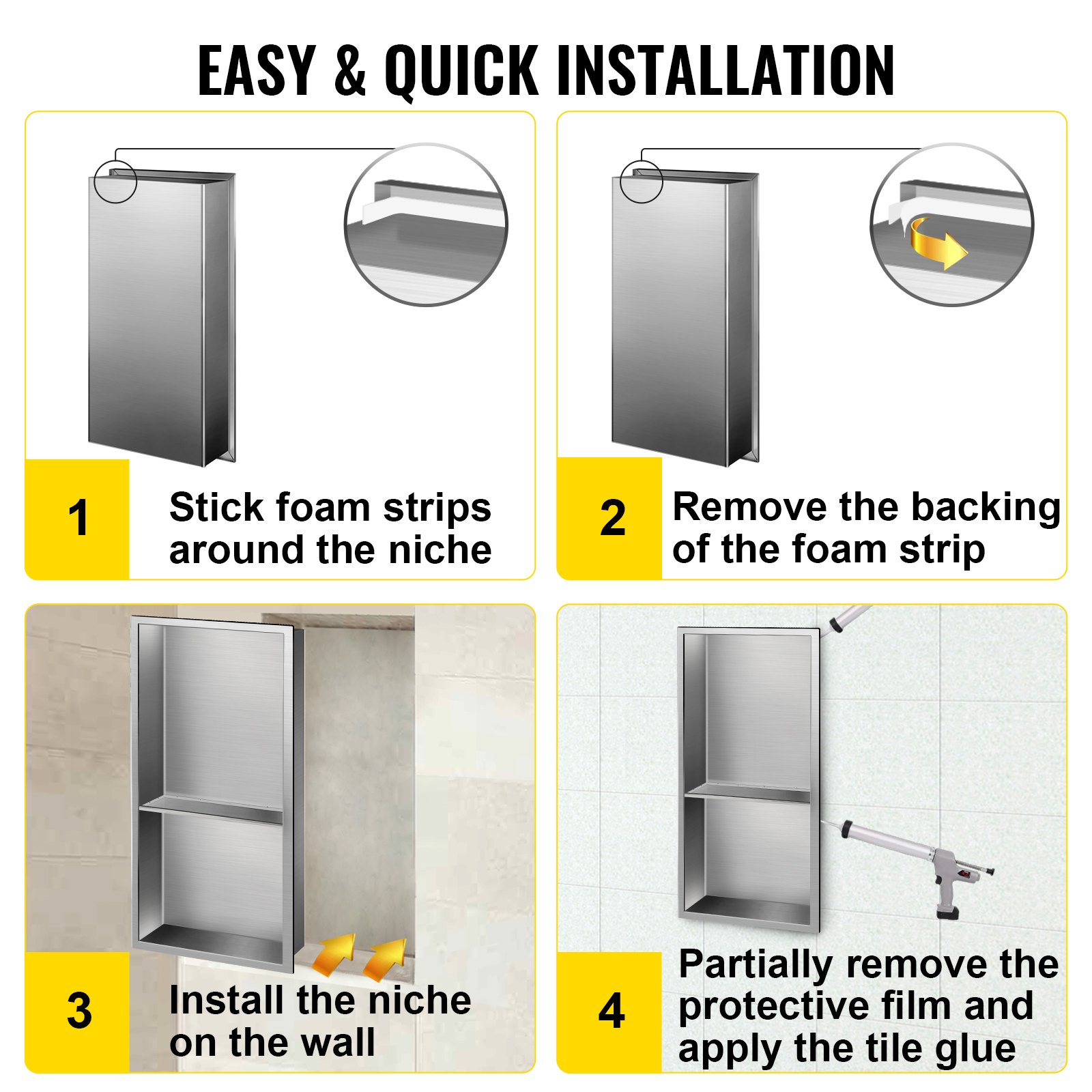 Nicho de ducha VEVOR de acero inoxidable, 12 x 24 x 4 pulgadas, nicho empotrado en la pared, fácil de instalar, estante de ducha empotrado moderno y elegante, nicho de jabón acabado pulido para ducha/baño
