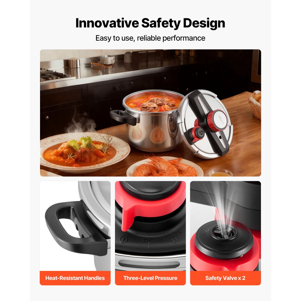 Olla a presión VEVOR de 6.3 cuartos de galón, de acero inoxidable, con rejilla para cocinar al vapor, tapa de vidrio templado, tres configuraciones de presión para carne, frijoles, arroz, sopa y salsas. Cocina hasta 100 kPa.