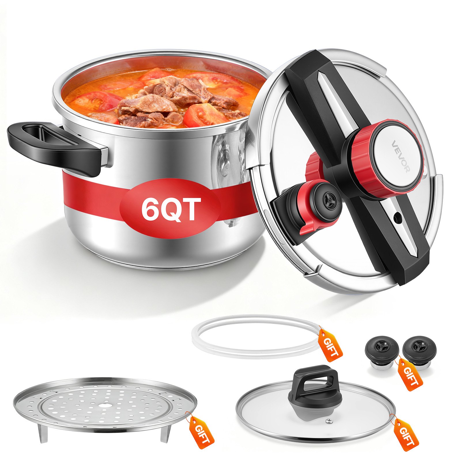 Olla a presión VEVOR de 6.3 cuartos de galón, de acero inoxidable, con rejilla para cocinar al vapor, tapa de vidrio templado, tres configuraciones de presión para carne, frijoles, arroz, sopa y salsas. Cocina hasta 100 kPa.
