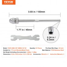 VEVOR Paquete de 61 terminales de montaje de extremo de tensión de perno roscado para barandilla de cable de cubierta de 1/8", acero inoxidable T316, tensor de barandilla de cable de 1/8" para poste de madera/metal, plateado