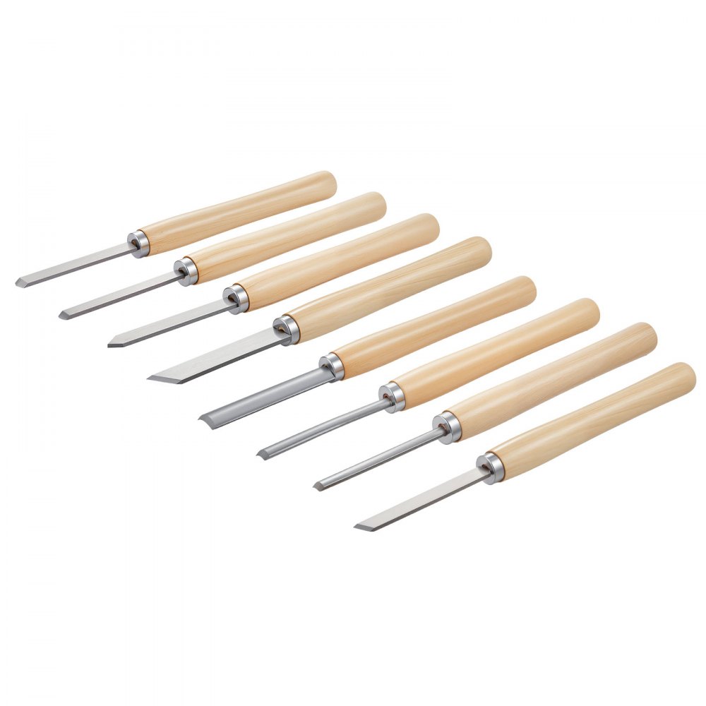 VEVOR - Juego de herramientas de torneado para madera (8 piezas), cinceles con hoja de acero al carbono, 2 de punta sesgada, 1 de punta de lanza, 1 de tronzado, 1 de punta redonda, 3 de gubia, 1 bolsa Oxford, para principiantes, aficionados y profesionales.