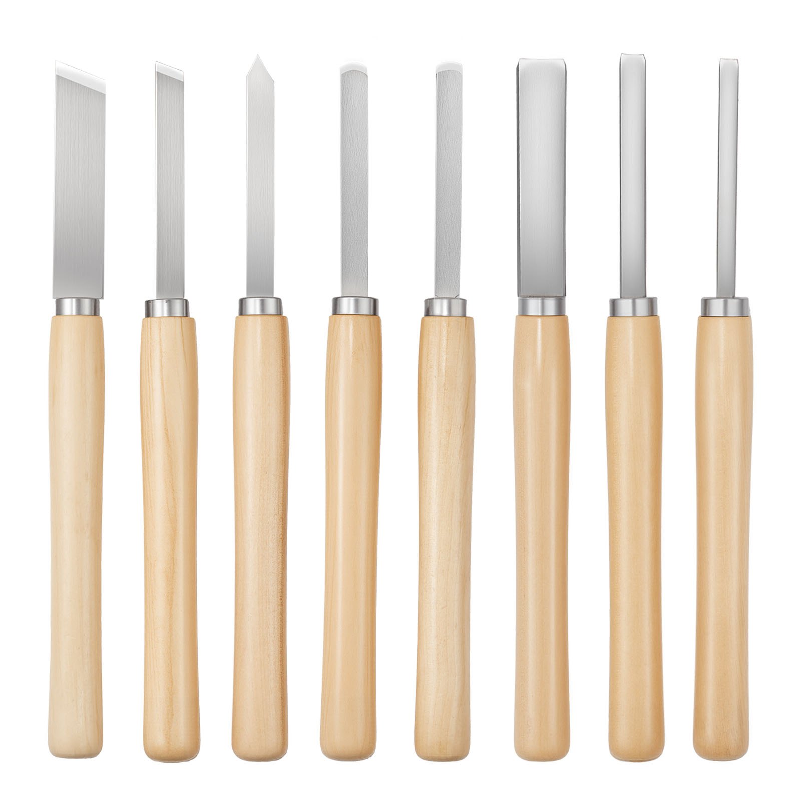 VEVOR - Juego de herramientas de torneado para madera (8 piezas), cinceles con hoja de acero al carbono, 2 de punta sesgada, 1 de punta de lanza, 1 de tronzado, 1 de punta redonda, 3 de gubia, 1 bolsa Oxford, para principiantes, aficionados y profesionales.