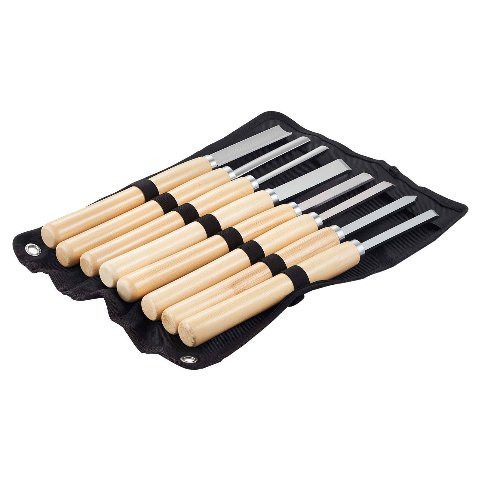 VEVOR - Juego de herramientas de torneado para madera (8 piezas), cinceles con hoja de acero al carbono, 2 de punta sesgada, 1 de punta de lanza, 1 de tronzado, 1 de punta redonda, 3 de gubia, 1 bolsa Oxford, para principiantes, aficionados y profesionales.