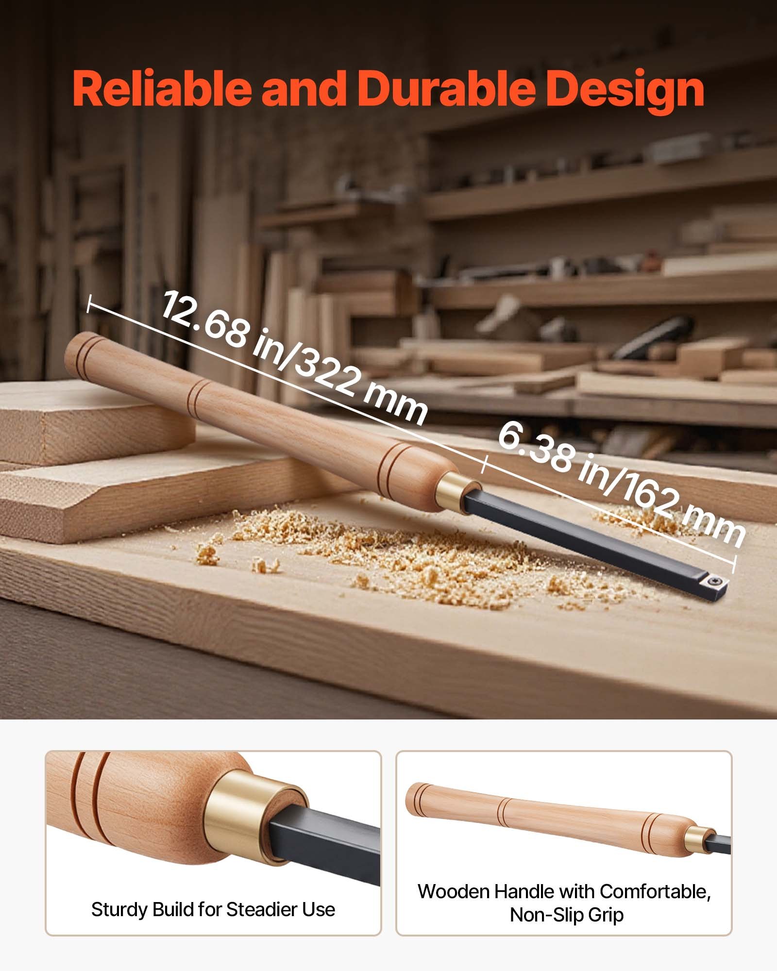 Juego de herramientas de torneado para madera VEVOR, 4 piezas, herramienta hueca para desbaste, acabado y detallado con mango de madera, insertos de carburo redondos y cuadrados de diamante, caja de madera, para principiantes, aficionados y profesionales.