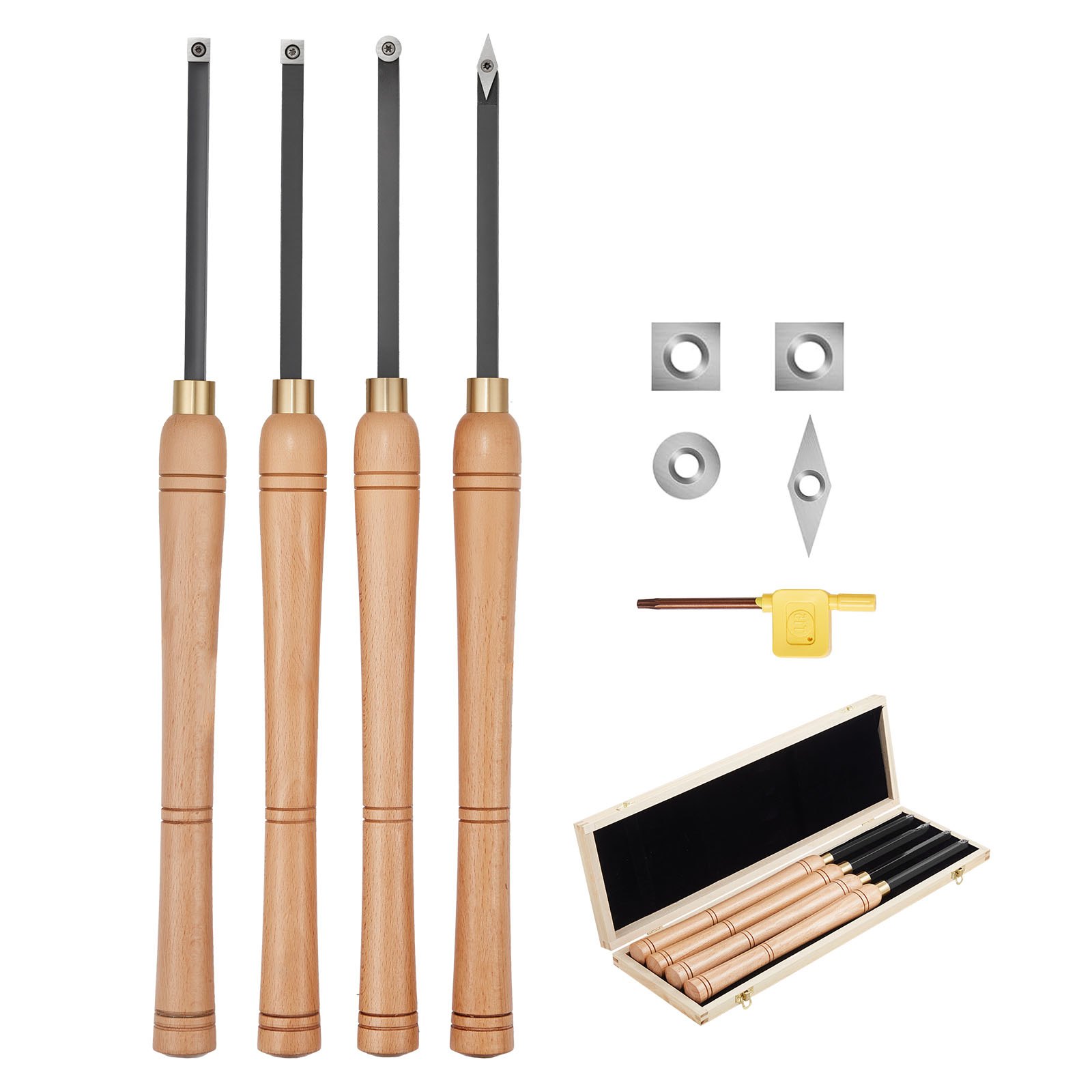 Juego de herramientas de torneado para madera VEVOR, 4 piezas, herramienta hueca para desbaste, acabado y detallado con mango de madera, insertos de carburo redondos y cuadrados de diamante, caja de madera, para principiantes, aficionados y profesionales.
