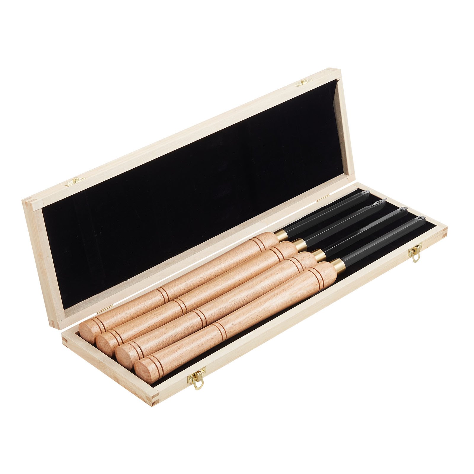 Juego de herramientas de torneado para madera VEVOR, 4 piezas, herramienta hueca para desbaste, acabado y detallado con mango de madera, insertos de carburo redondos y cuadrados de diamante, caja de madera, para principiantes, aficionados y profesionales.
