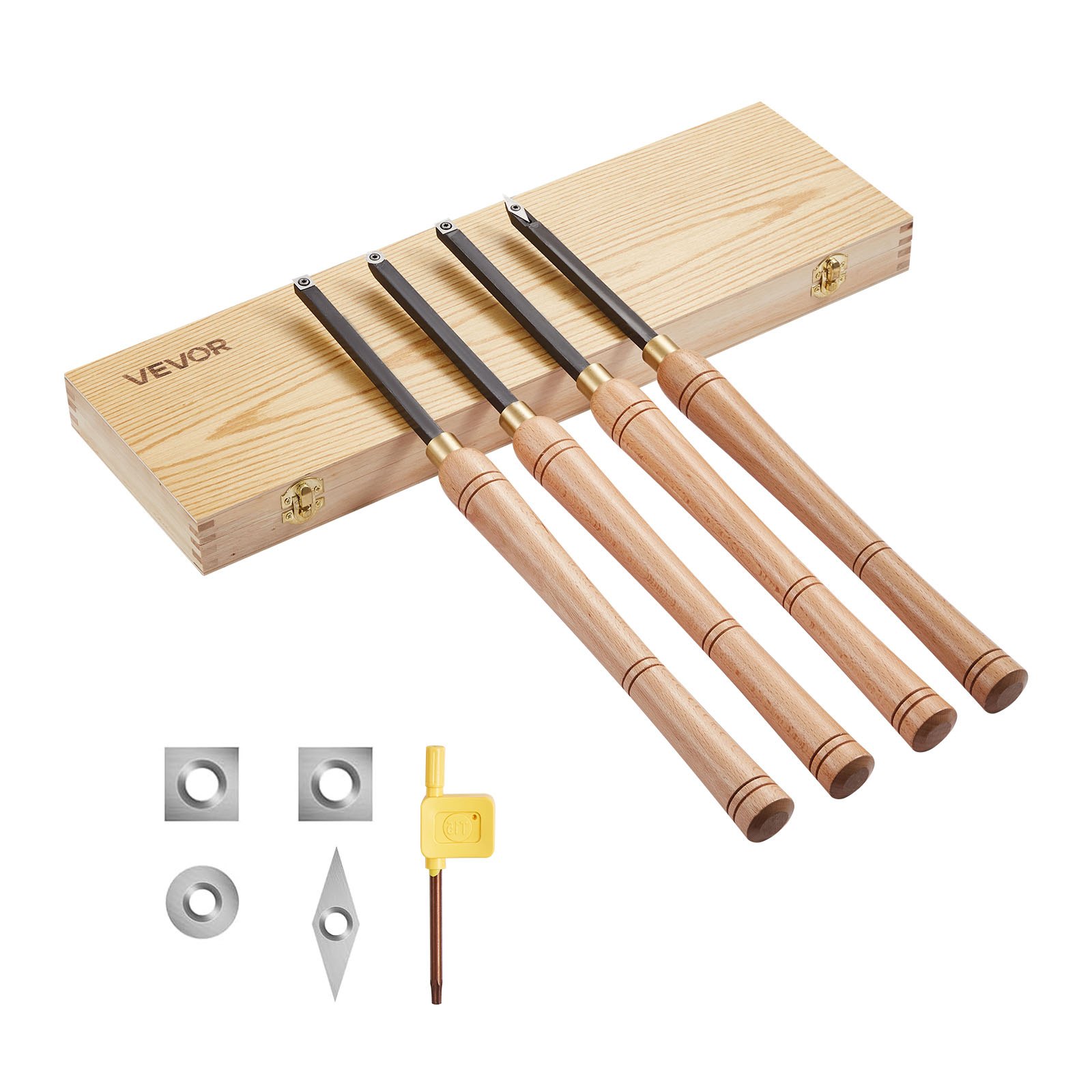 Juego de herramientas de torneado para madera VEVOR, 4 piezas, herramienta hueca para desbaste, acabado y detallado con mango de madera, insertos de carburo redondos y cuadrados de diamante, caja de madera, para principiantes, aficionados y profesionales.