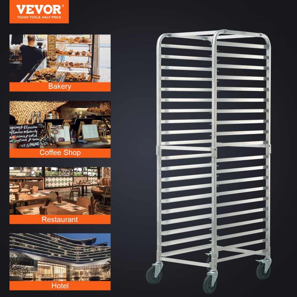 VEVOR - Rejilla para bandejas de pan, 20 niveles, con ruedas de freno, para panadería comercial, con carrito de aluminio para medias bandejas y bandejas completas, rejilla rápida para cocina y hogar, equipo para hornear pan, 66 cm de largo x 52 cm de ancho x 178 cm de alto