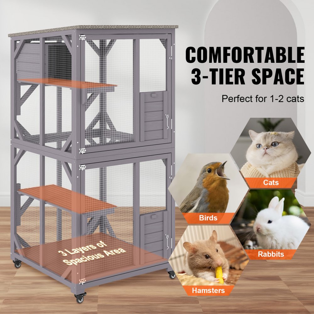 VEVOR Jaula para Gatos Jaula de 3 Niveles con Ruedas Bloqueables Recinto para Gatos Giratorio de 360° 760x865x1630 mm con Caja de Descanso para 1-2 Gatos Animales Pequeños Conejos, Interior y Exterior