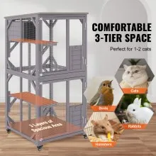 VEVOR Cat House Outdoor, Catio grande de 3 niveles, recinto para gatos con ruedas giratorias de 360°, 2 plataformas, una caja de descanso y puerta frontal grande, 29.9 x 34 x 64.1 pulgadas