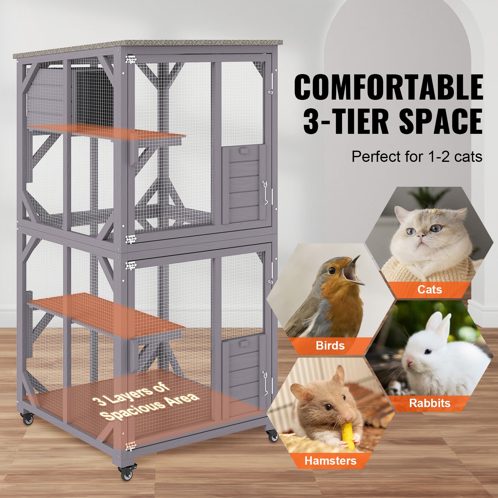 VEVOR Jaula para Gatos Jaula de 3 Niveles con Ruedas Bloqueables Recinto para Gatos Giratorio de 360° 760x865x1630 mm con Caja de Descanso para 1-2 Gatos Animales Pequeños Conejos, Interior y Exterior