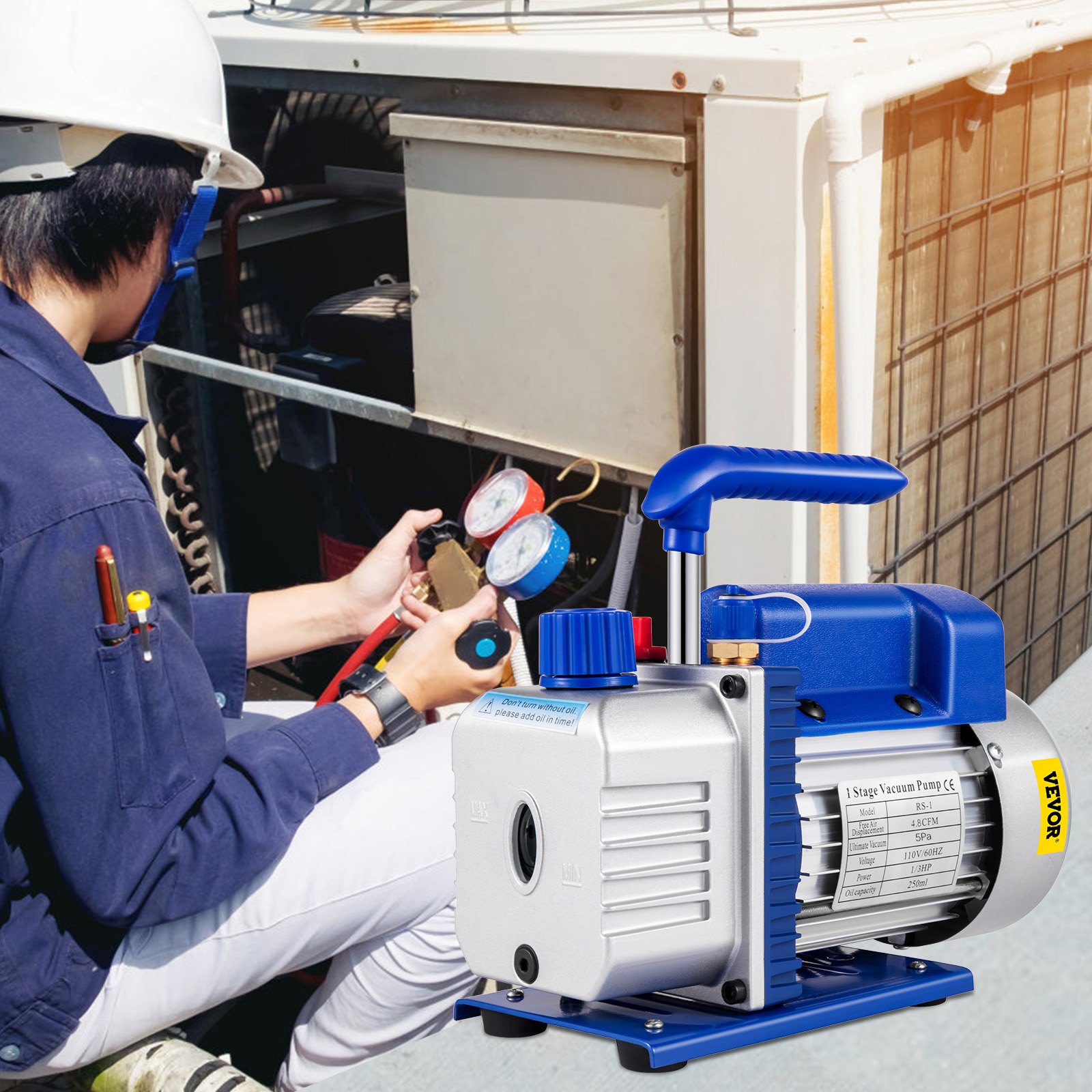 Bomba de succión VEVOR de una etapa, 4.8 CFM, 1/4 HP, para sistemas de aire acondicionado, HVAC, máximo vacío de 5 PA, kit de manómetro múltiple R410A, R134A y R22, incluye manómetro de 4 vías y manguera.