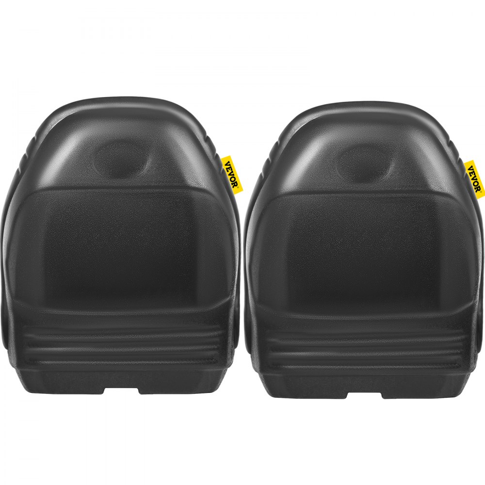 Dos asientos de tractor universales VEVOR negros con diseño ergonómico y etiquetas amarillas