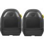Dos asientos de tractor universales VEVOR negros con diseño ergonómico y etiquetas amarillas