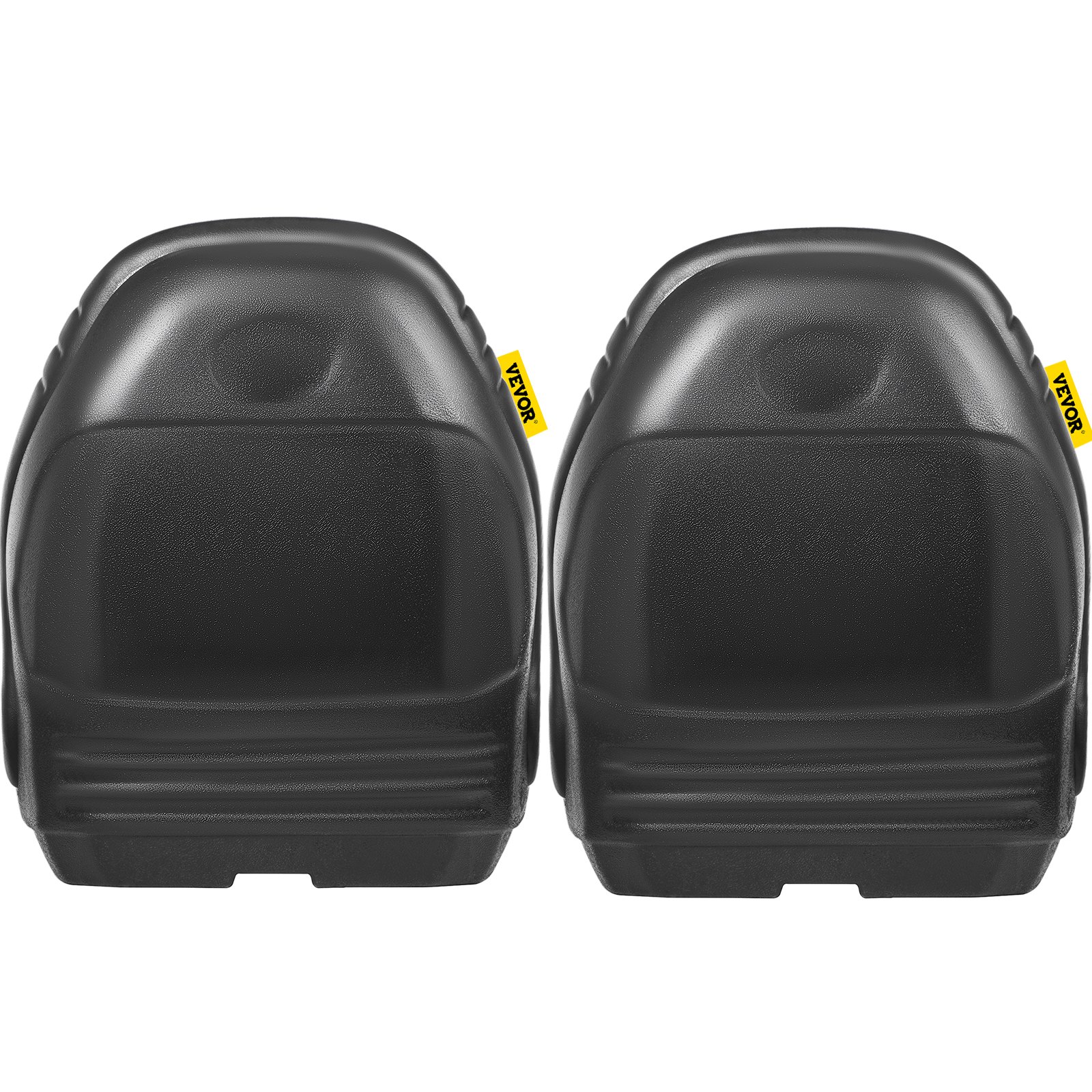 Dos asientos de tractor universales VEVOR negros con diseño ergonómico y etiquetas amarillas