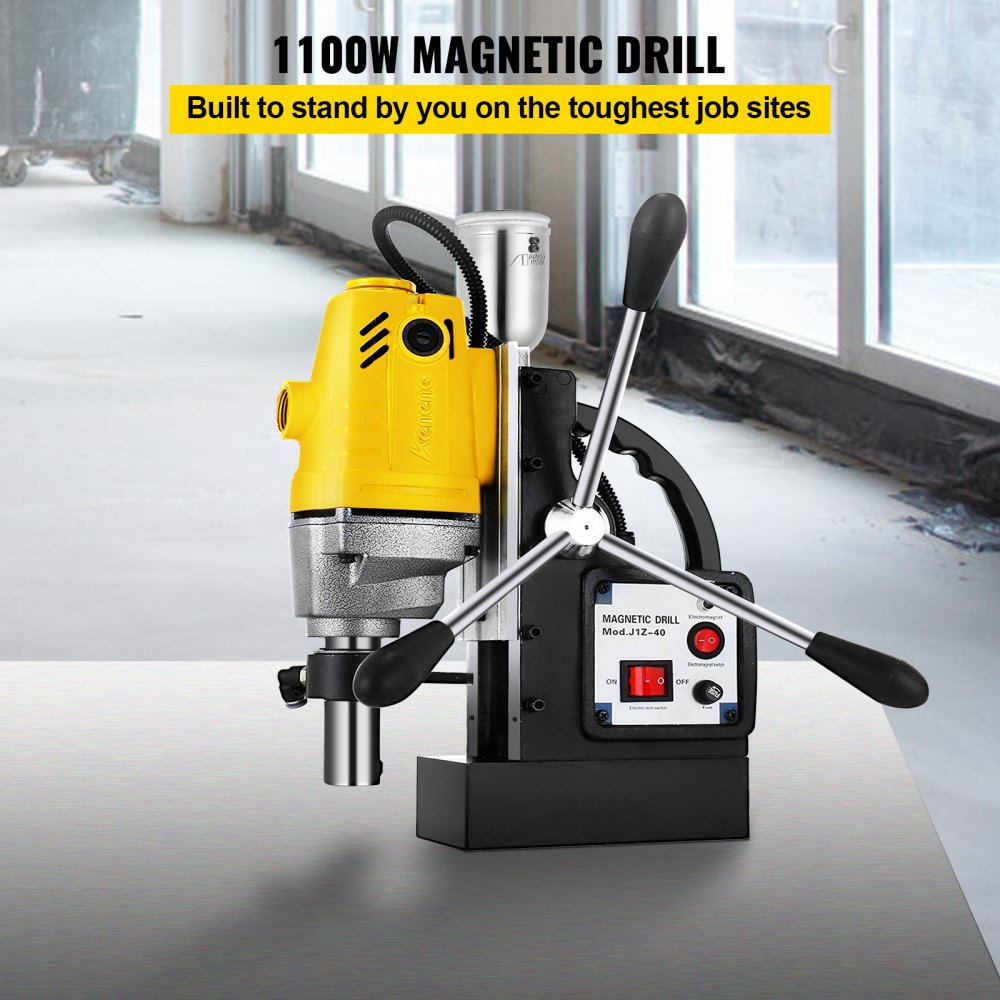 Taladro magnético VEVOR con 1100w de potencia y panel de control en entorno de taller.