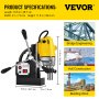 Dimensiones y aplicaciones del taladro magnético VEVOR en ingeniería y construcción.