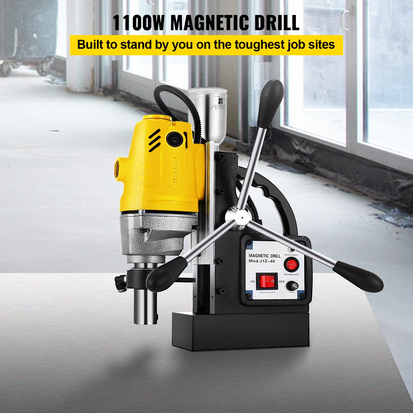 Taladro magnético VEVOR con 1100w de potencia y panel de control en entorno de taller.