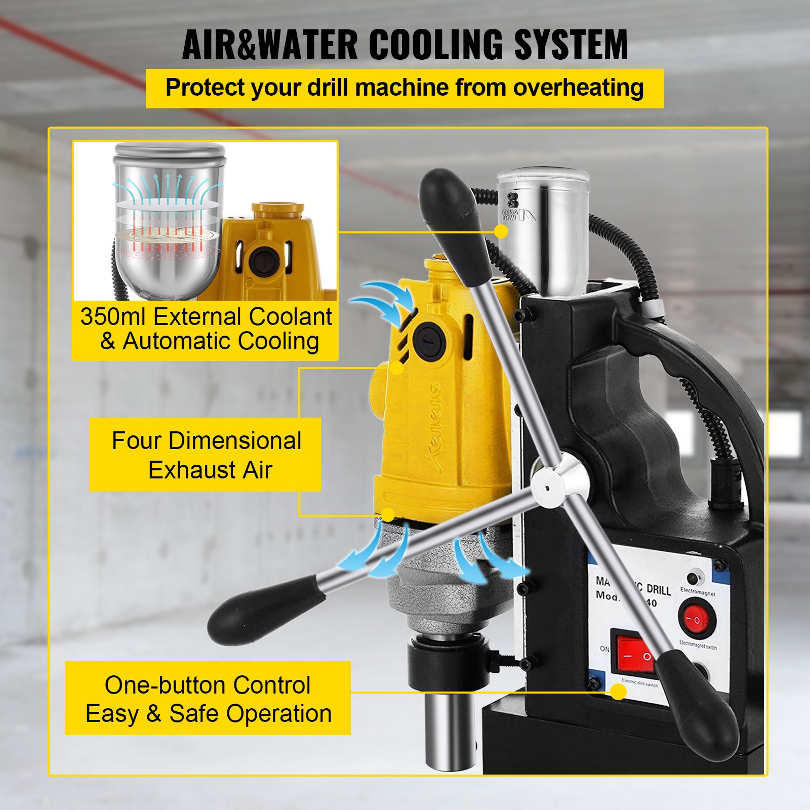 Taladro magnético VEVOR con sistema de enfriamiento por aire y agua, refrigerante externo y control con un solo botón.