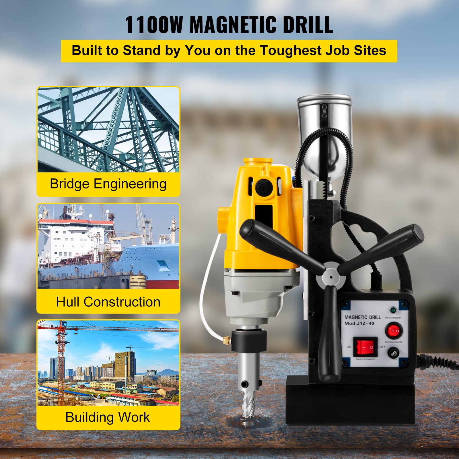 Taladro magnético VEVOR de 1100 W para ingeniería de puentes, construcción de cascos y obras de edificación