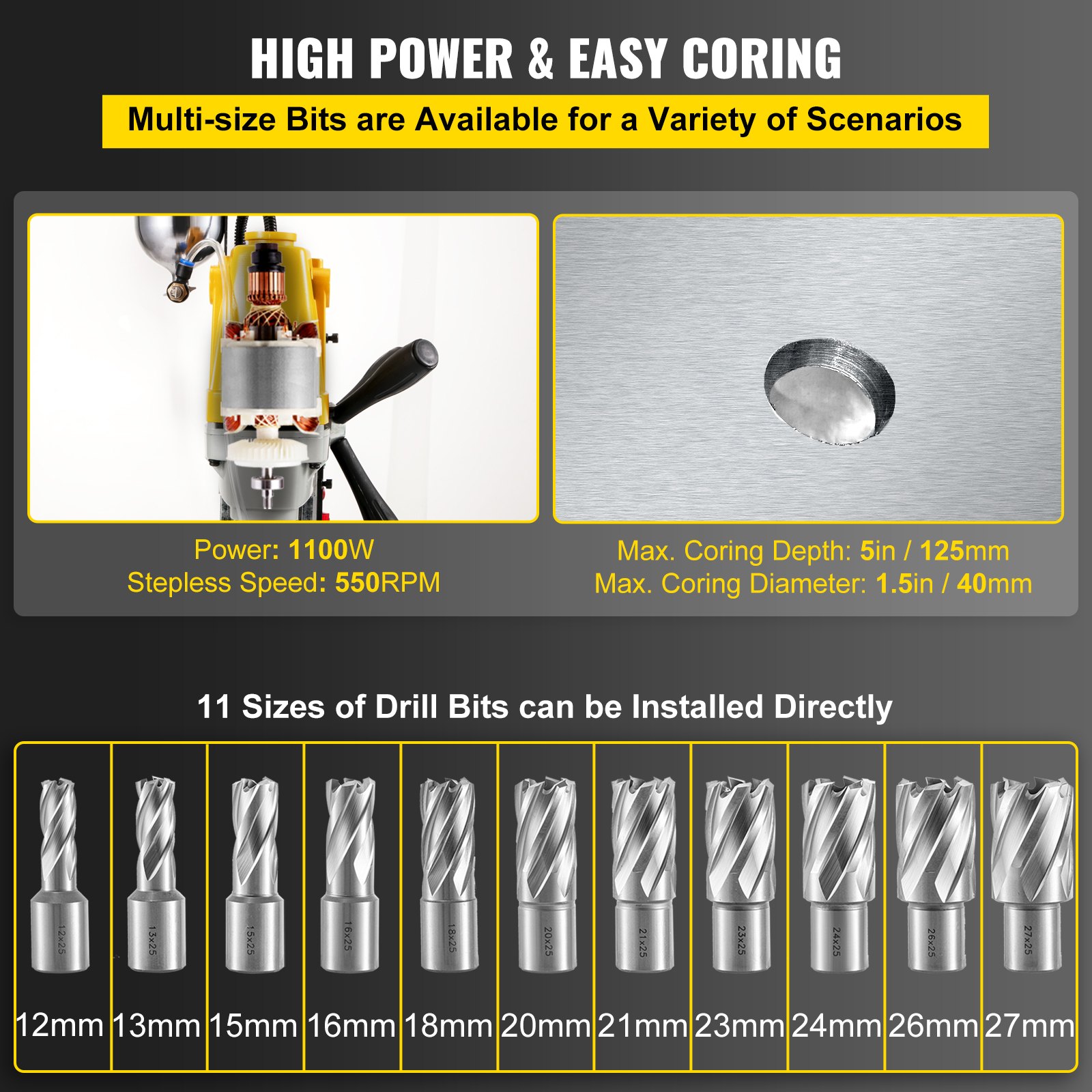 Taladro de columna magnético VEVOR: 1100 W, 550 rpm, con 11 tamaños de broca, profundidad máxima de perforación de 5 pulgadas.