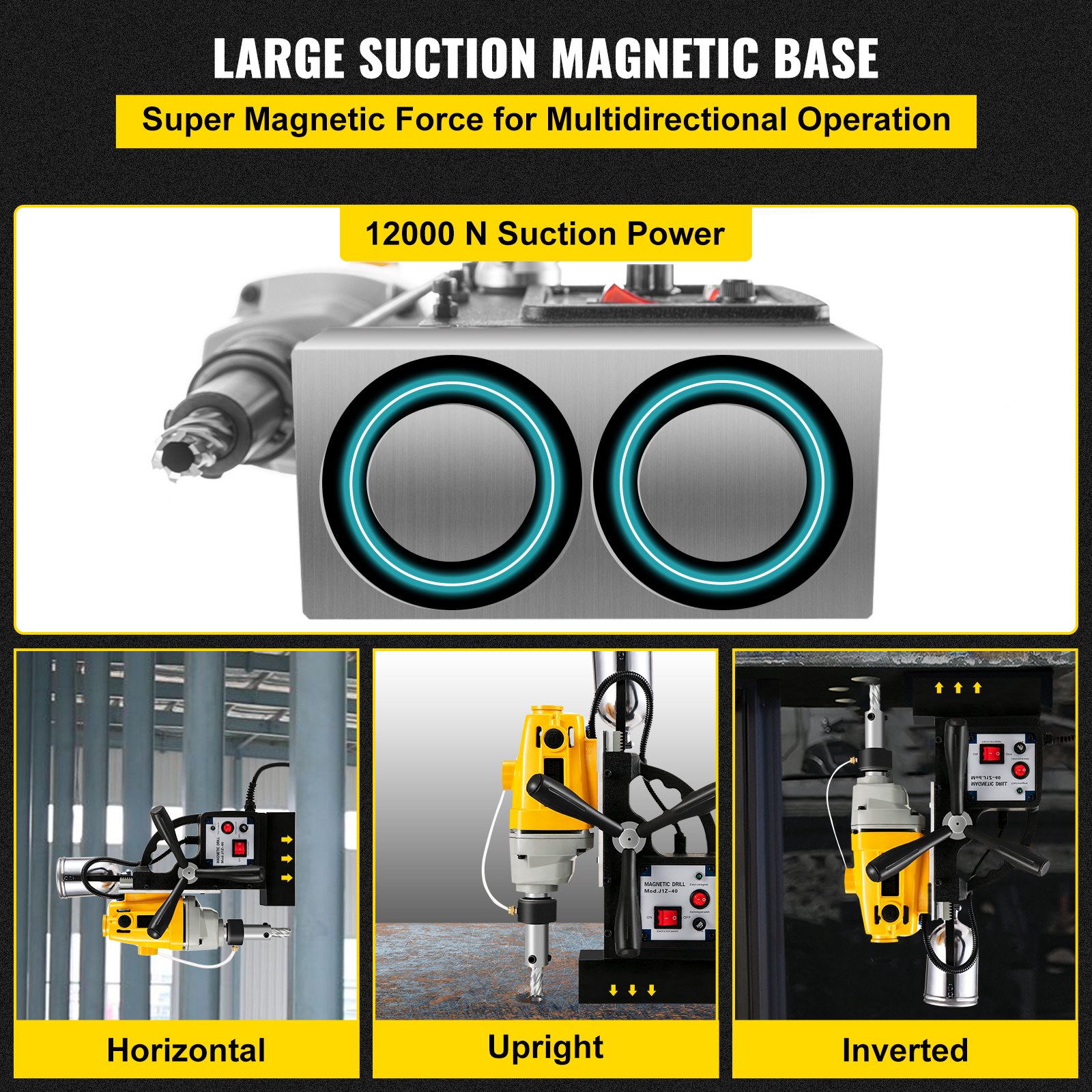 Taladro magnético VEVOR con potencia de succión de 12000 N para uso horizontal, vertical e invertido.