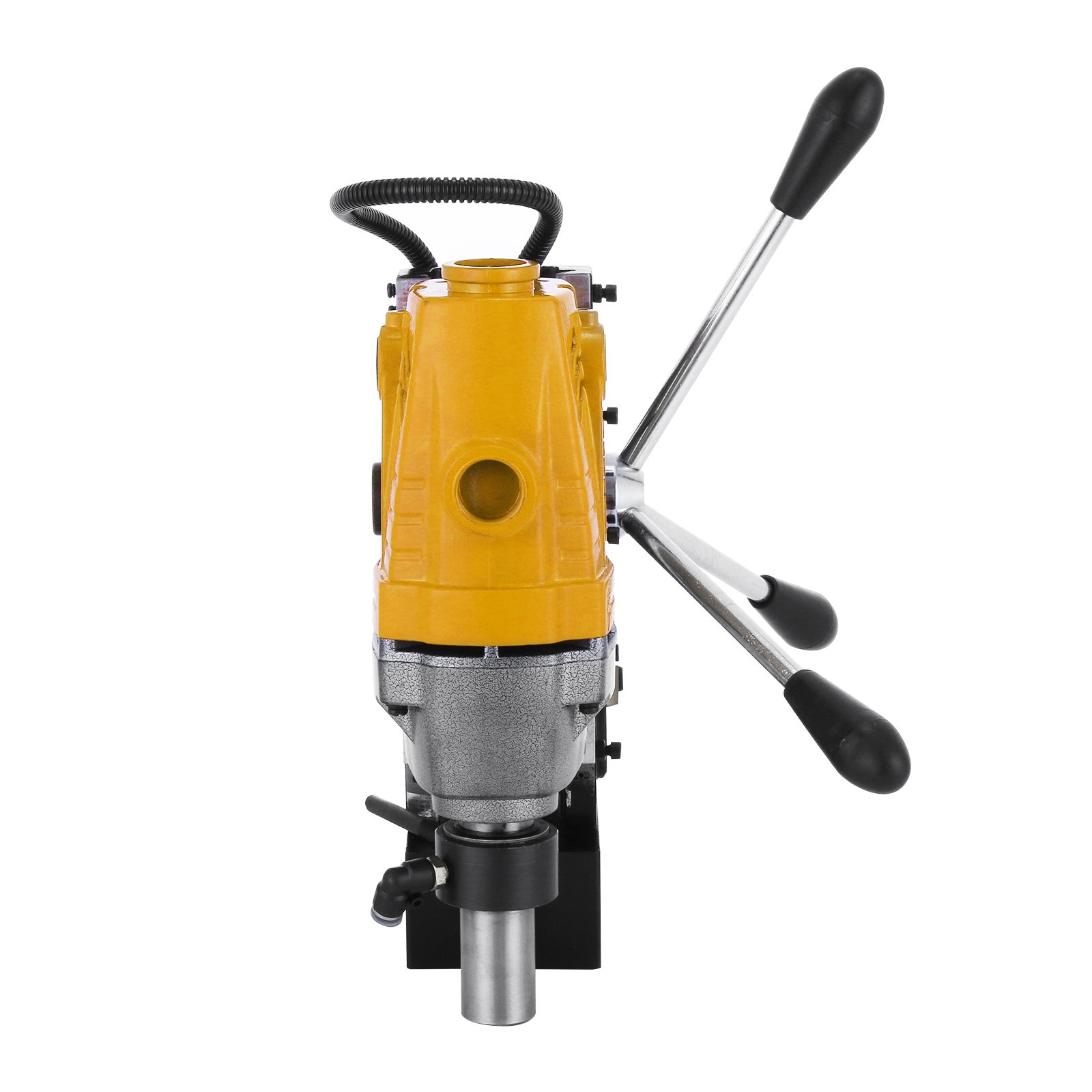 Taladro magnético VEVOR amarillo con mangos ergonómicos y broca metálica.