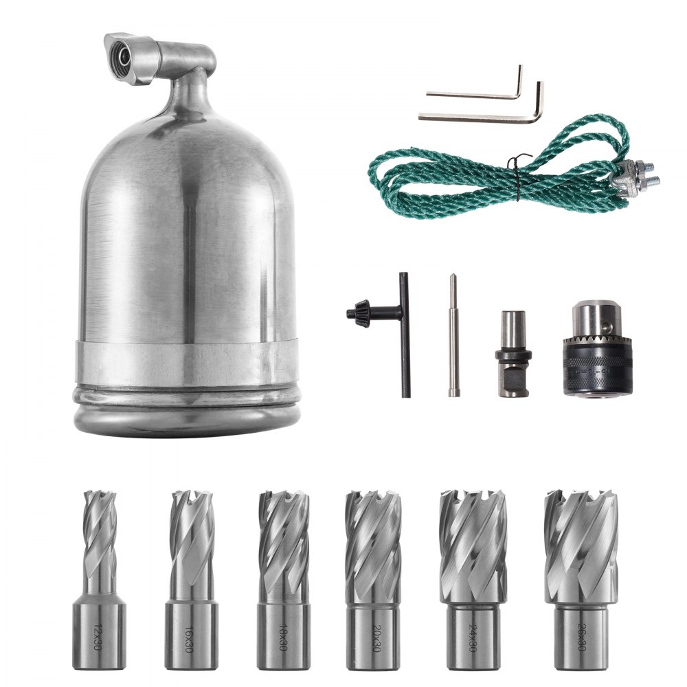 Accesorios para taladro de columna magnético VEVOR, incluidas brocas, portabrocas y llaves hexagonales.