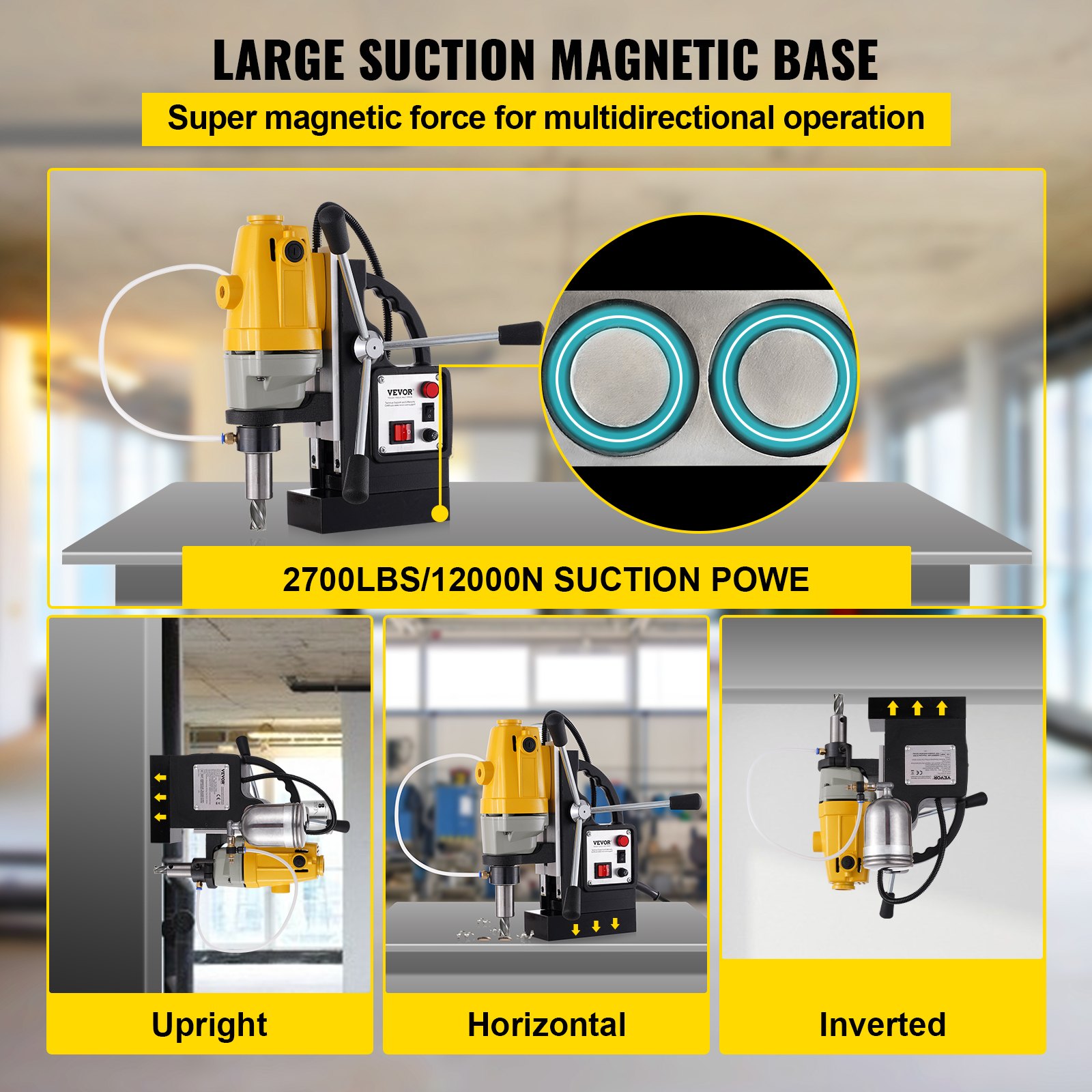 Taladro magnético VEVOR con base magnética grande para uso vertical, horizontal e invertido.