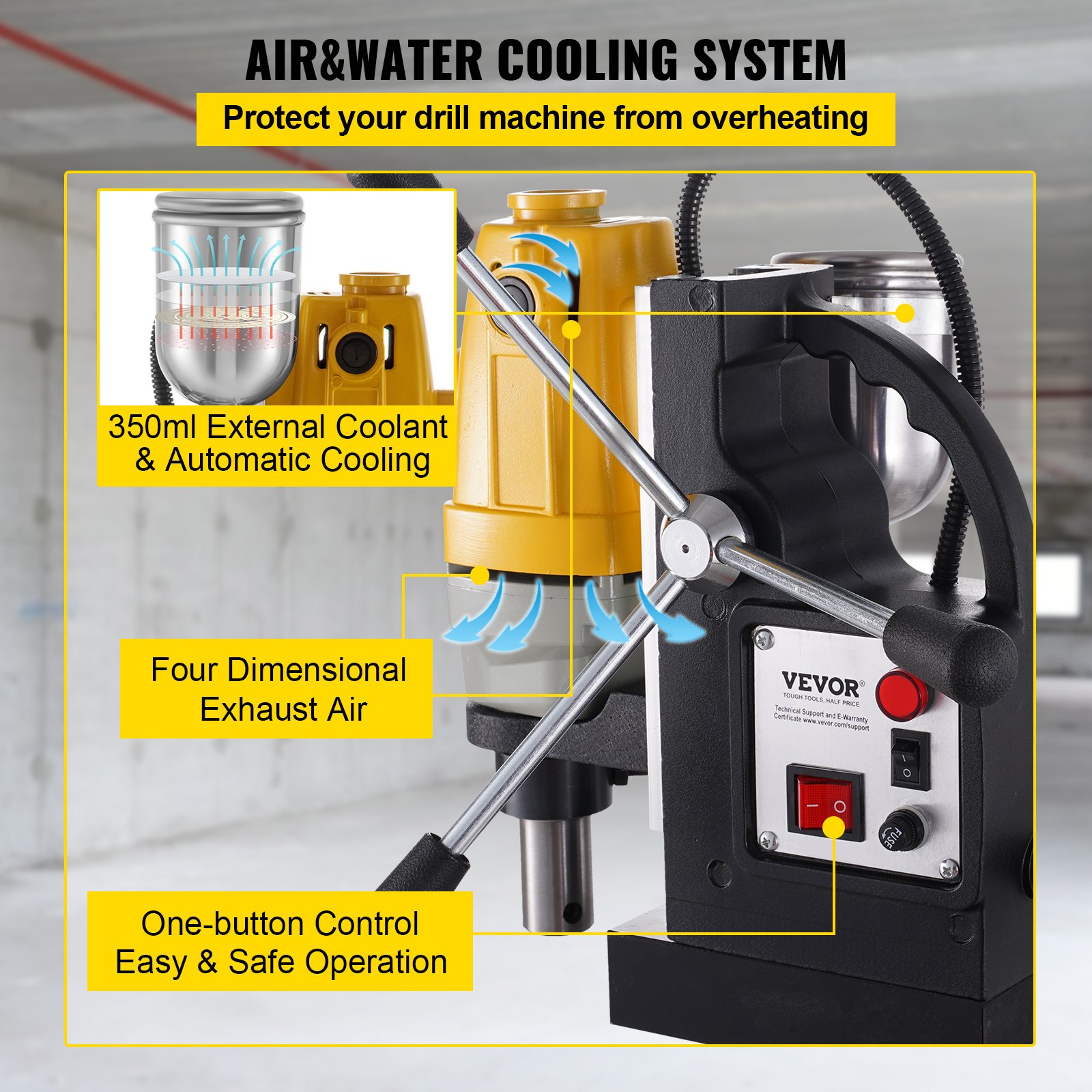 Taladro magnético VEVOR con sistema de enfriamiento por aire y agua para protección contra sobrecalentamiento.