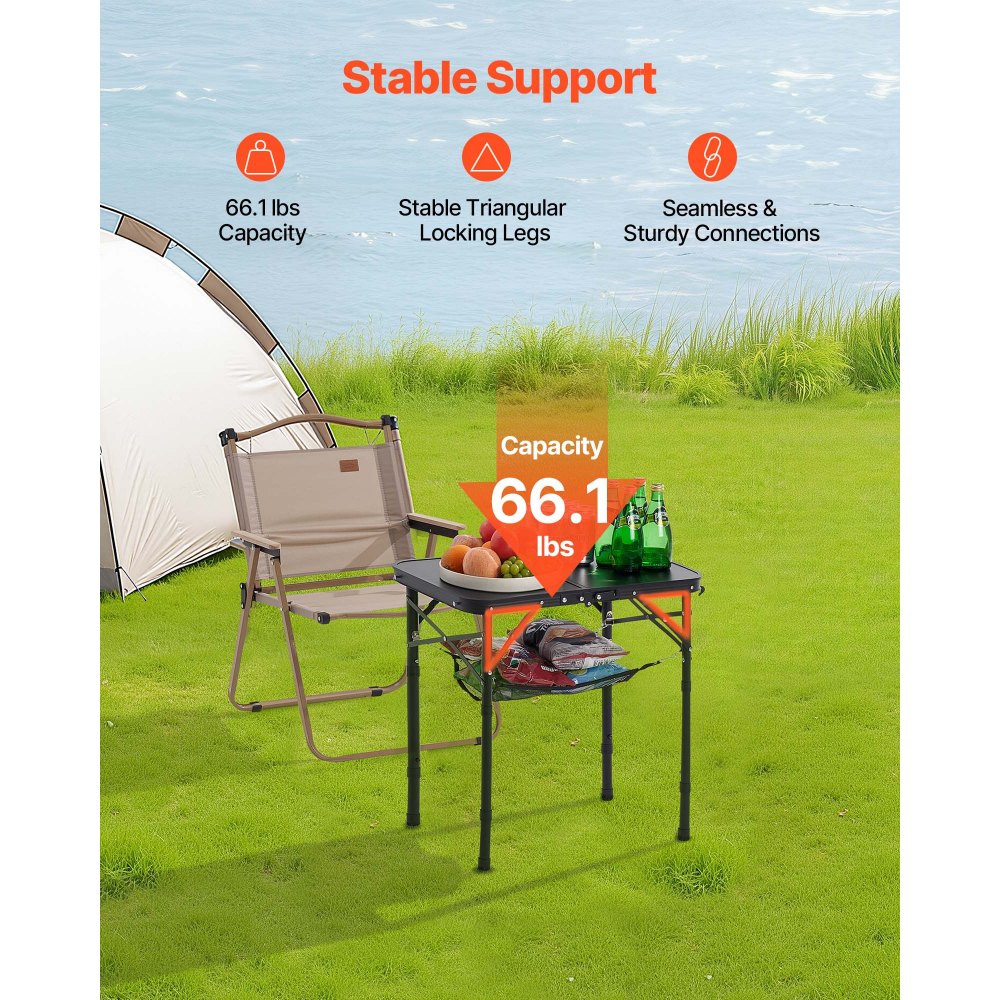 Mesa plegable de camping VEVOR, mesas auxiliares portátiles de altura ajustable, mesa de playa de aluminio y MDF con malla, asa de transporte, ligera y compacta para picnics, barbacoas y cocina al aire libre, 61 x 41 cm, negra