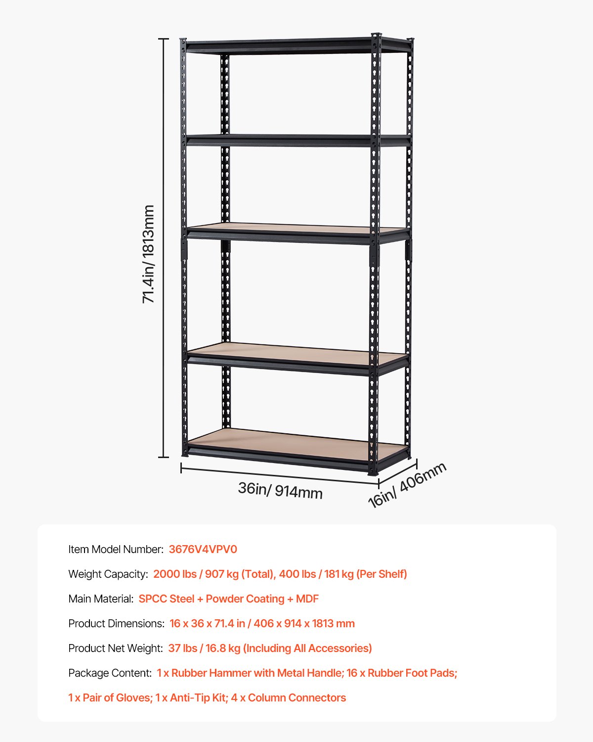 Estantes de almacenamiento de 16" de profundidad x 36" de ancho x 71,4" de alto Estanterías de almacenamiento de garaje de 5 niveles
