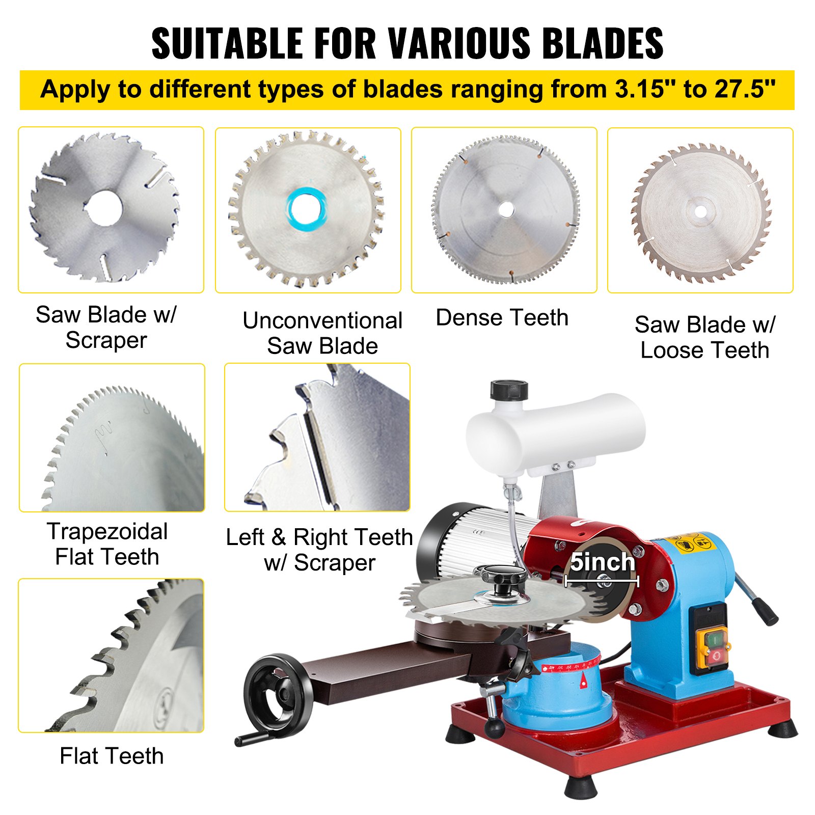 Afilador de hojas de sierra circular VEVOR adecuado para varios tipos de hojas, de 3,15&quot; a 27,5&quot;.