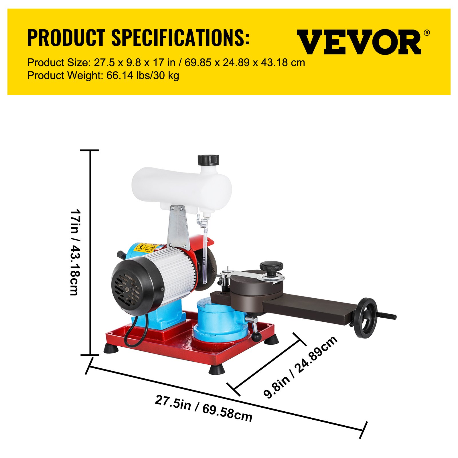 Afilador de hojas de sierra circular VEVOR con dimensiones etiquetadas y especificaciones del producto.