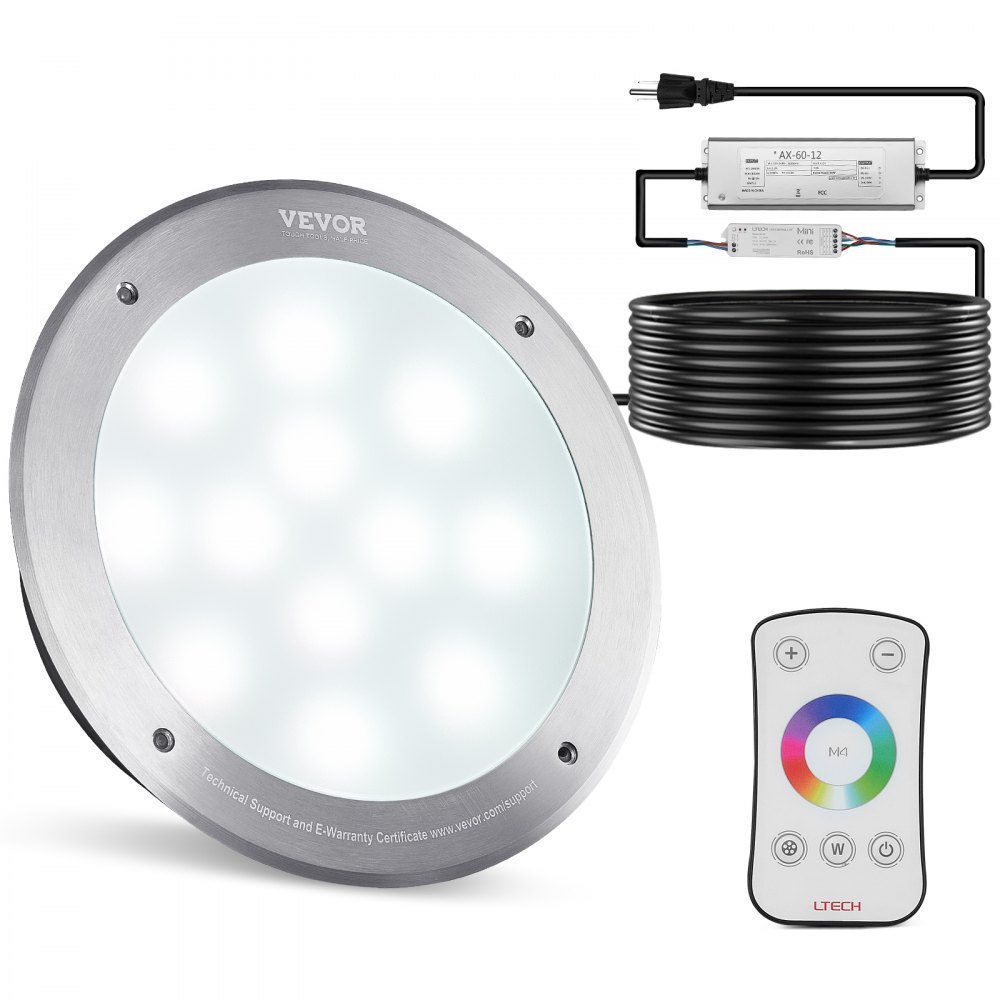 VEVOR Luz LED para piscina de 120 V CA, 10 pulgadas, 40 W, RGBW, luz de spa para piscina enterrada que cambia de color bajo el agua, con control remoto de cable de 100 pies, apto para nichos húmedos grandes de 10 pulgadas, IP68 y probado según los estándares UL