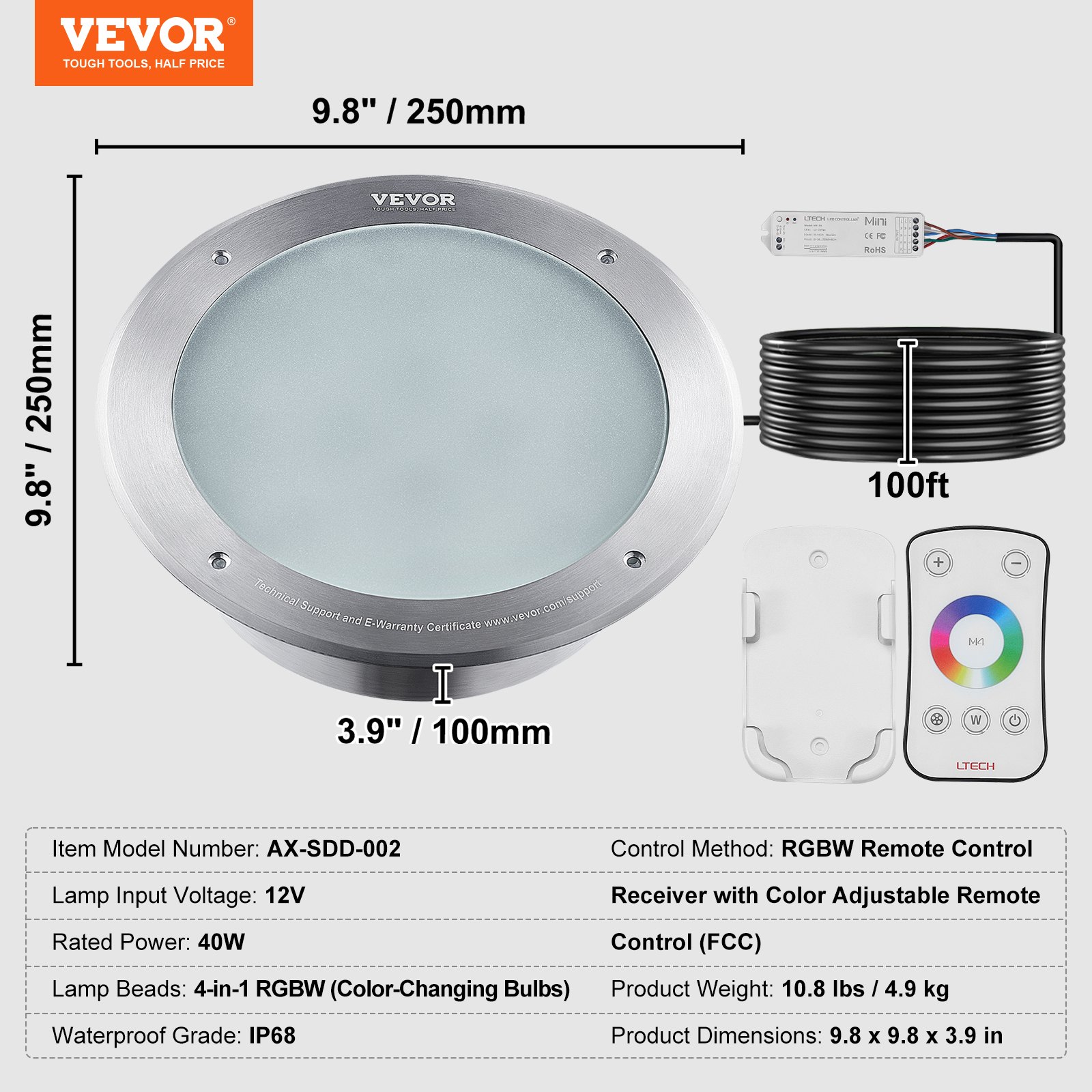 VEVOR Luz LED para piscina de 12 V, 10 pulgadas, 40 W, RGBW, luz de spa para piscina enterrada que cambia de color bajo el agua, con control remoto de cable de 100 pies, apto para nichos húmedos grandes de 10 pulgadas, IP68 y probado según los estándares UL