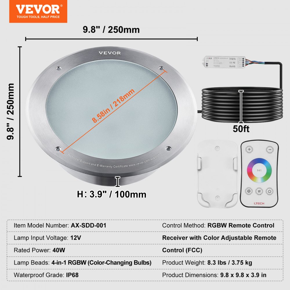Iluminación LED para piscina VEVOR de 12 V, 25 cm de diámetro, 40 W, RGBW multicolor, sumergible para piscinas y spas. Incluye cable de 15,2 m y control remoto. Apta para nichos húmedos de 25 cm. IP68.