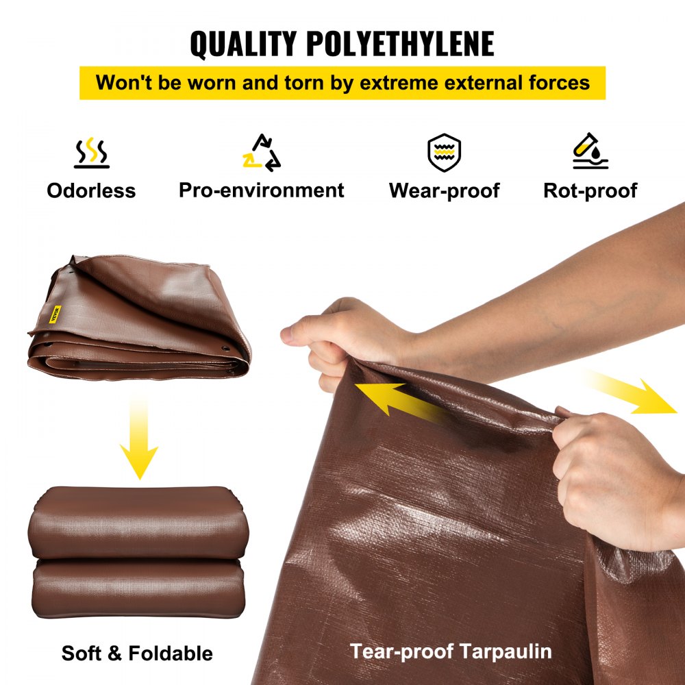Lona resistente VEVOR, 20 x 40 pies, 16 mil de grosor, impermeable y resistente al sol, lona de polietileno resistente a desgarros y roturas con ojales y bordes reforzados para camiones, autocaravanas, barcos, techos, tiendas de campaña y camping, color marrón.