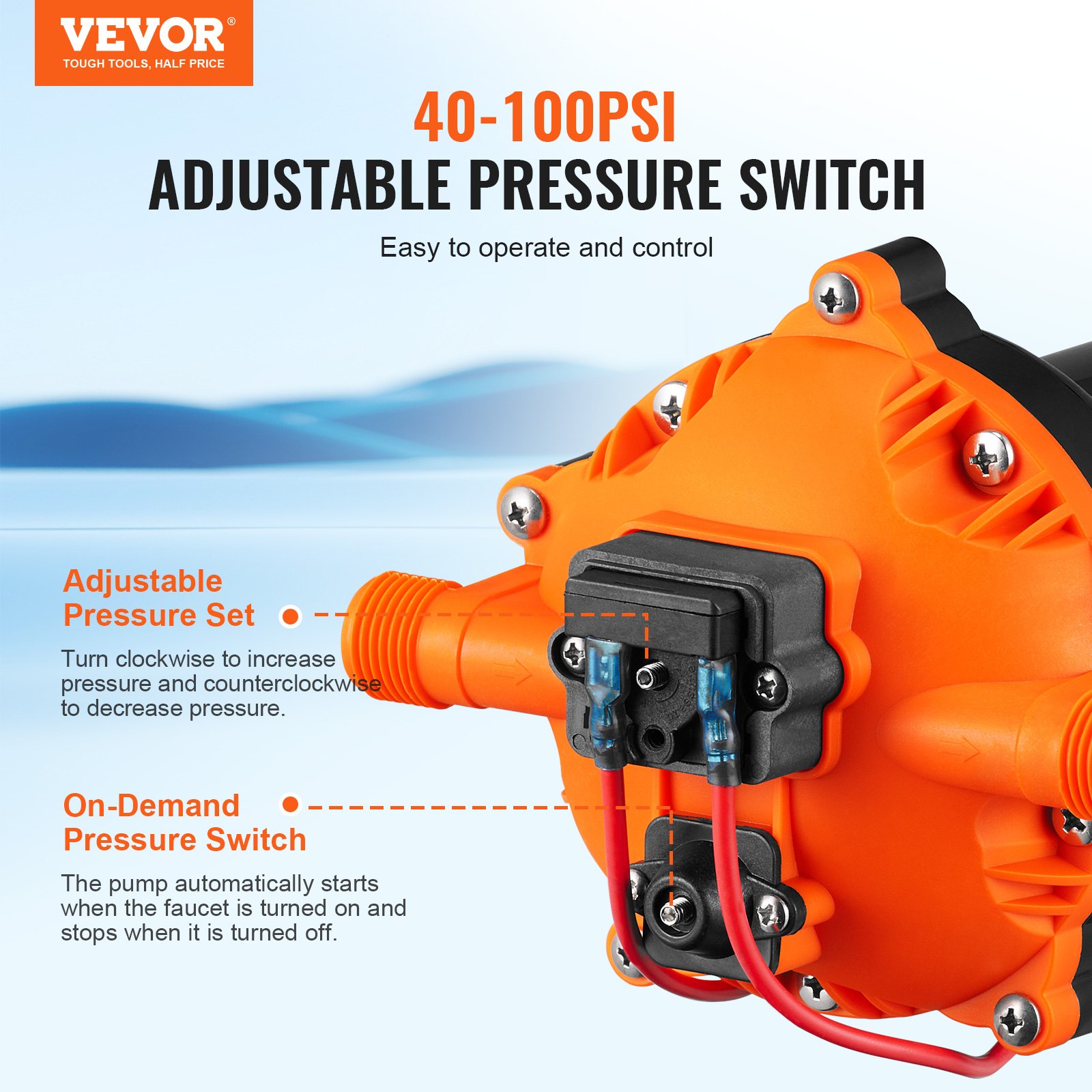 Bomba de diafragma de presión de agua VEVOR de 12 V con interruptor de presión ajustable de 40 a 100 psi.