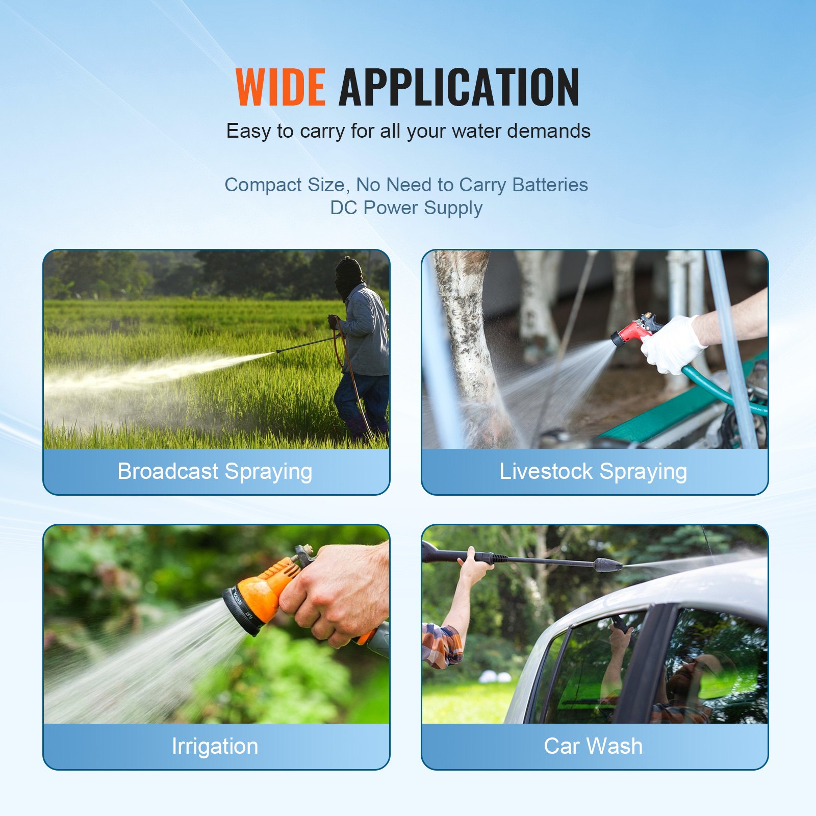 Amplia aplicación: bomba de diafragma de presión de agua VEVOR 12v para pulverización, riego y lavado de automóviles.
