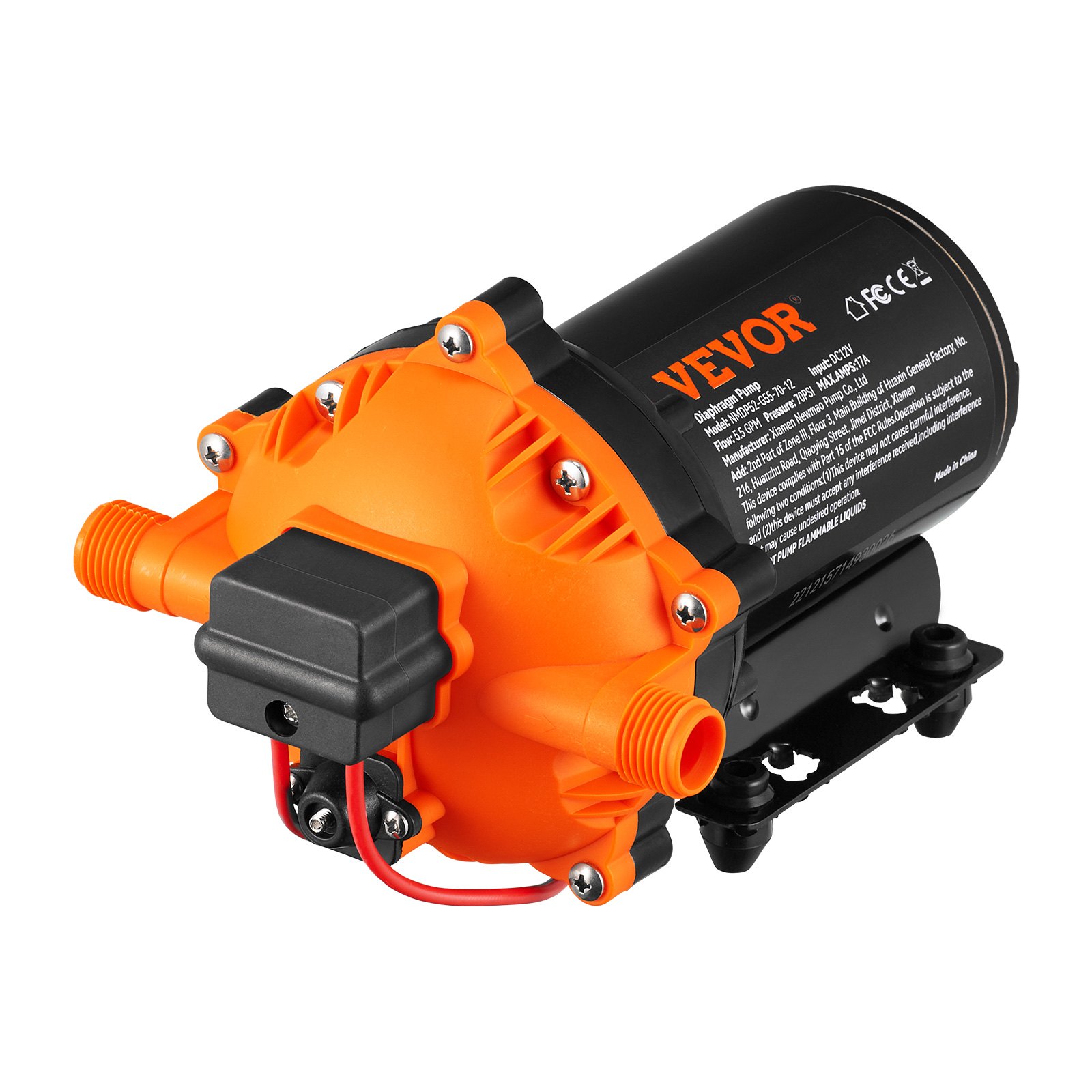 Bomba de diafragma de presión de agua VEVOR 12v, carcasa naranja, motor negro, cables rojos y detalles etiquetados.