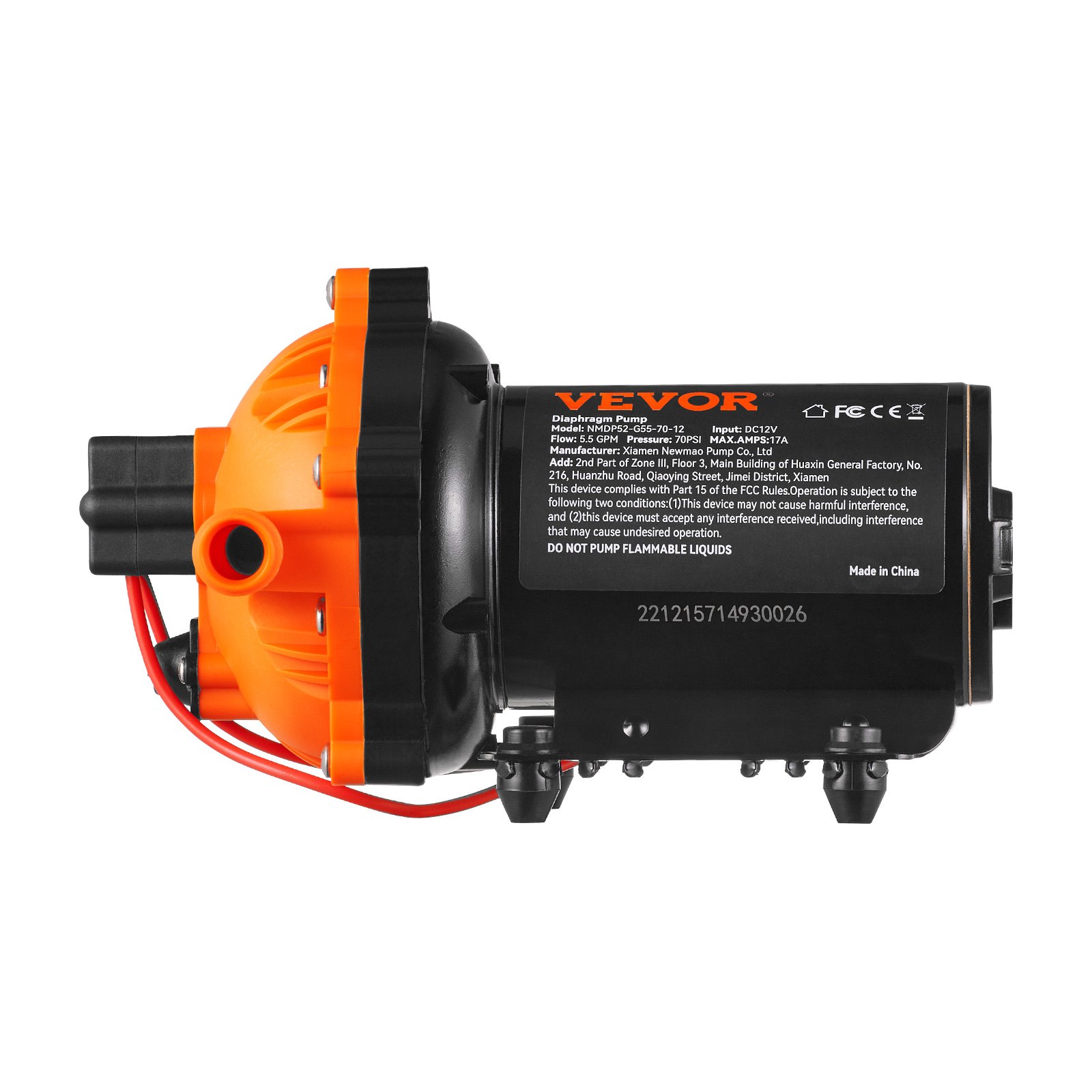 Bomba de diafragma de presión de agua VEVOR 12v, diseño negro y naranja, vista lateral con etiquetas y cableado.